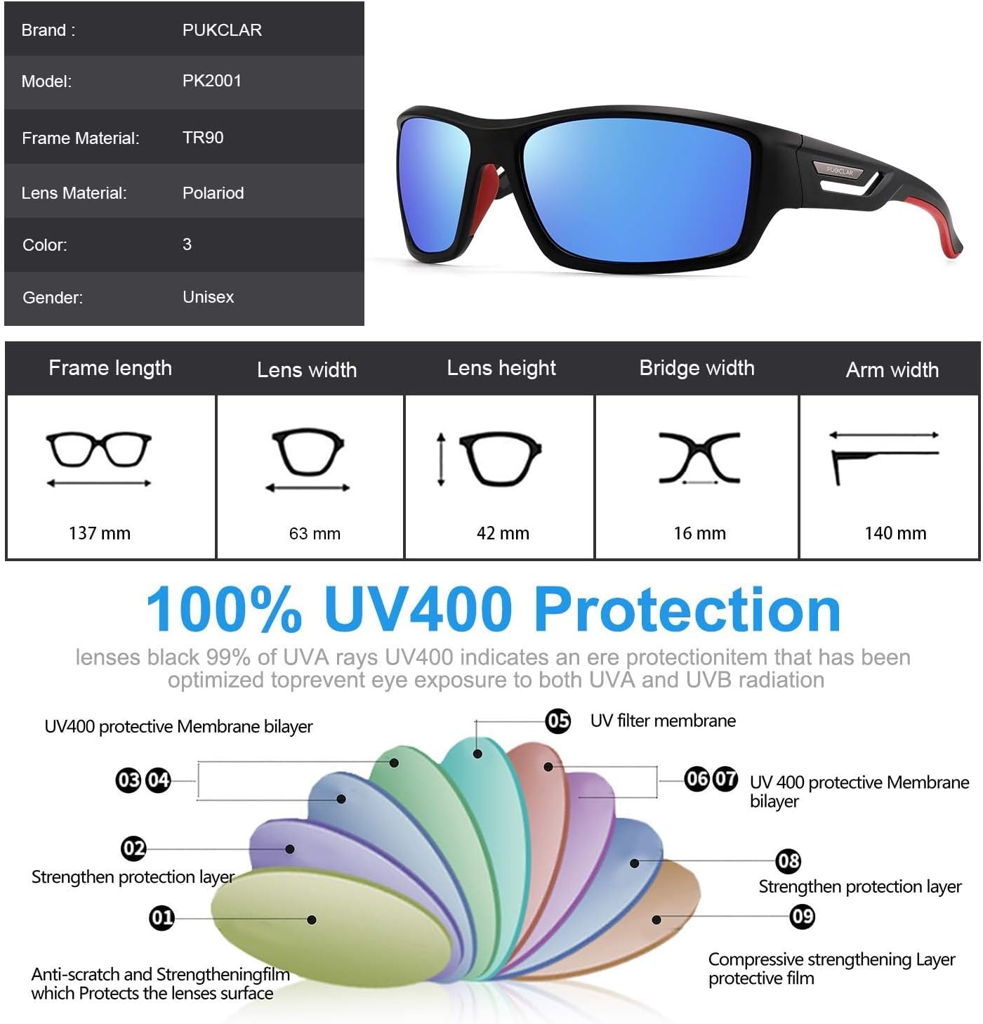 Detalle de PUKCLAR Lunettes de soleil Hommes Polarisées UV400 – Monture TR90 ultralégère (63 mm / 140 mm / 16 mm)