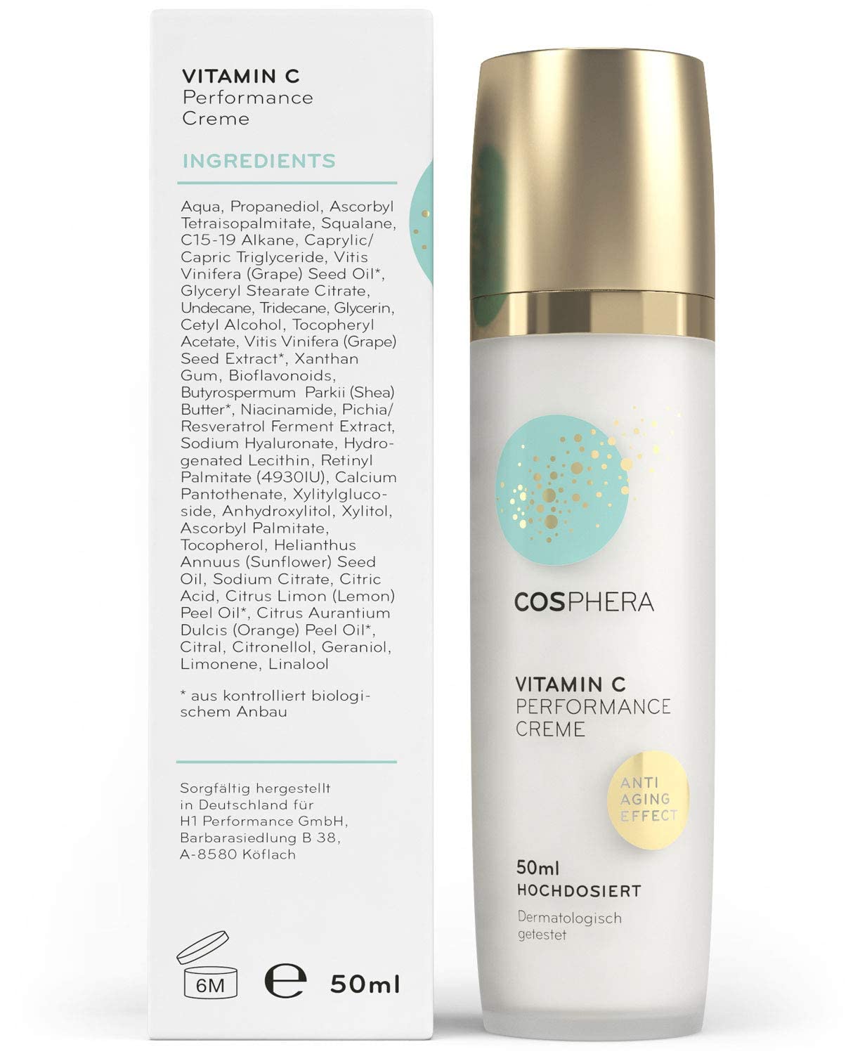 Detalle de Cosphera Vitamin C Performance Creme 50 ml mit Hyaluronsäure – vegane Tages- und Nachtcreme