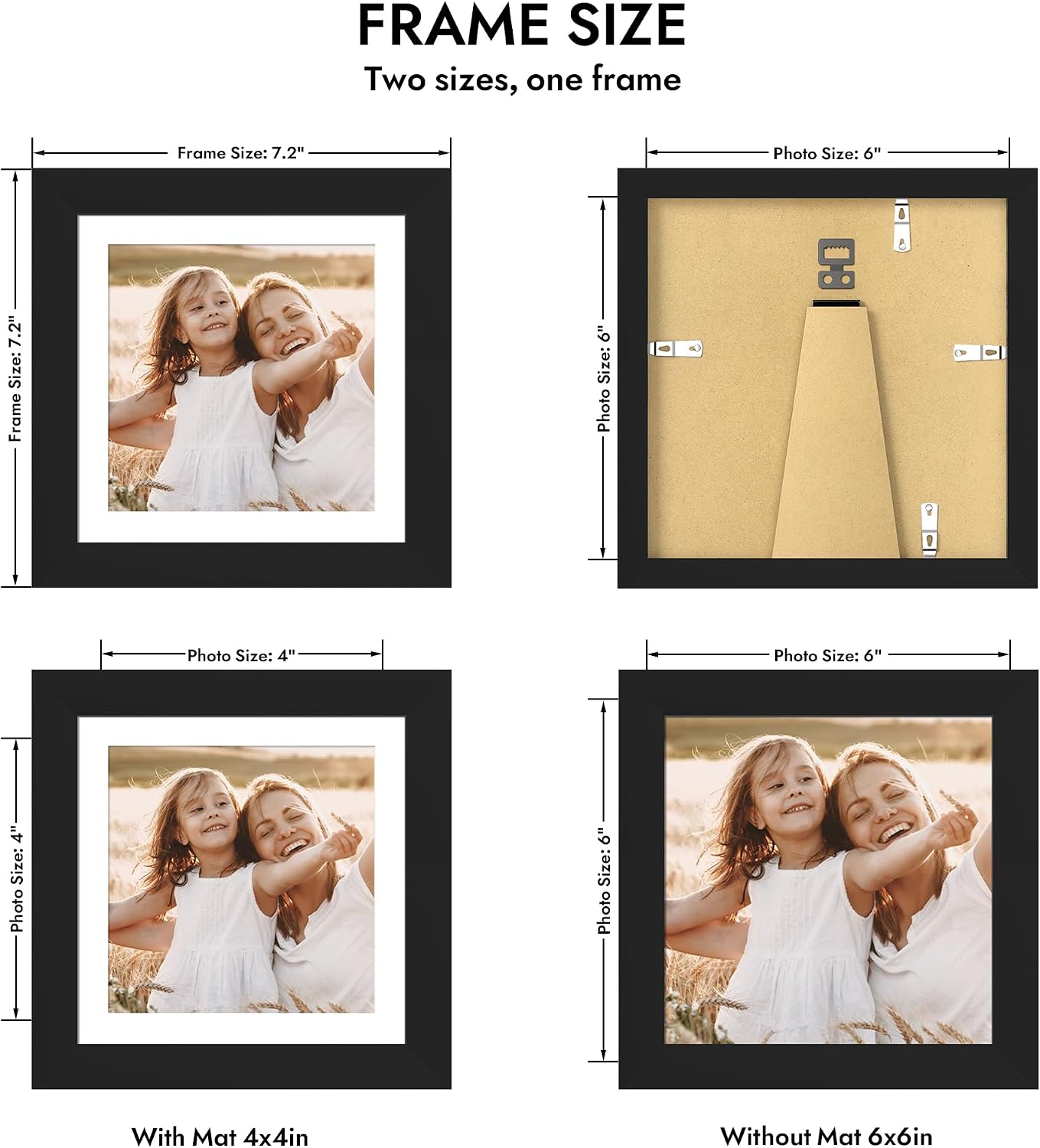 Detalle 2 de Hongkee 6x6 Picture Frame with Glass (Black) — Wood Frame for 6x6 Photos or 4x4 with Mat, Wall & Tabletop, 1 Pack