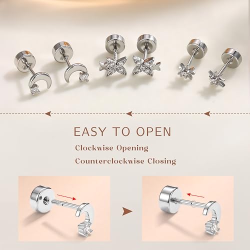 Thumbnail 5 de Finrezio 3 Pairs Flat Back Earrings – Sterling Silver Hypoallergenic Studs