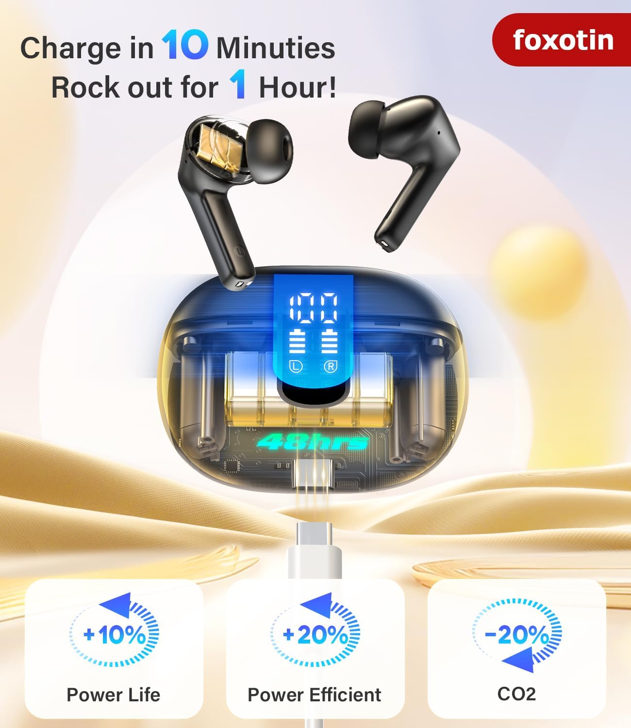 Detalle 2 de foxotin Ear Buds Wireless Earbuds — Bluetooth 5.3, IP7, 48H Playback, LED Charging Case