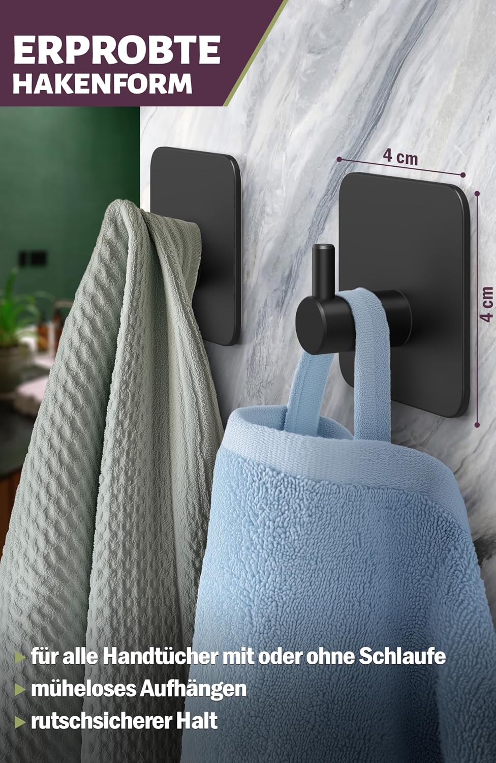 Detalle de Menz Handtuchhaken ohne Bohren, 6er-Set – schwarze selbstklebende Handtuchhalter aus Edelstahl