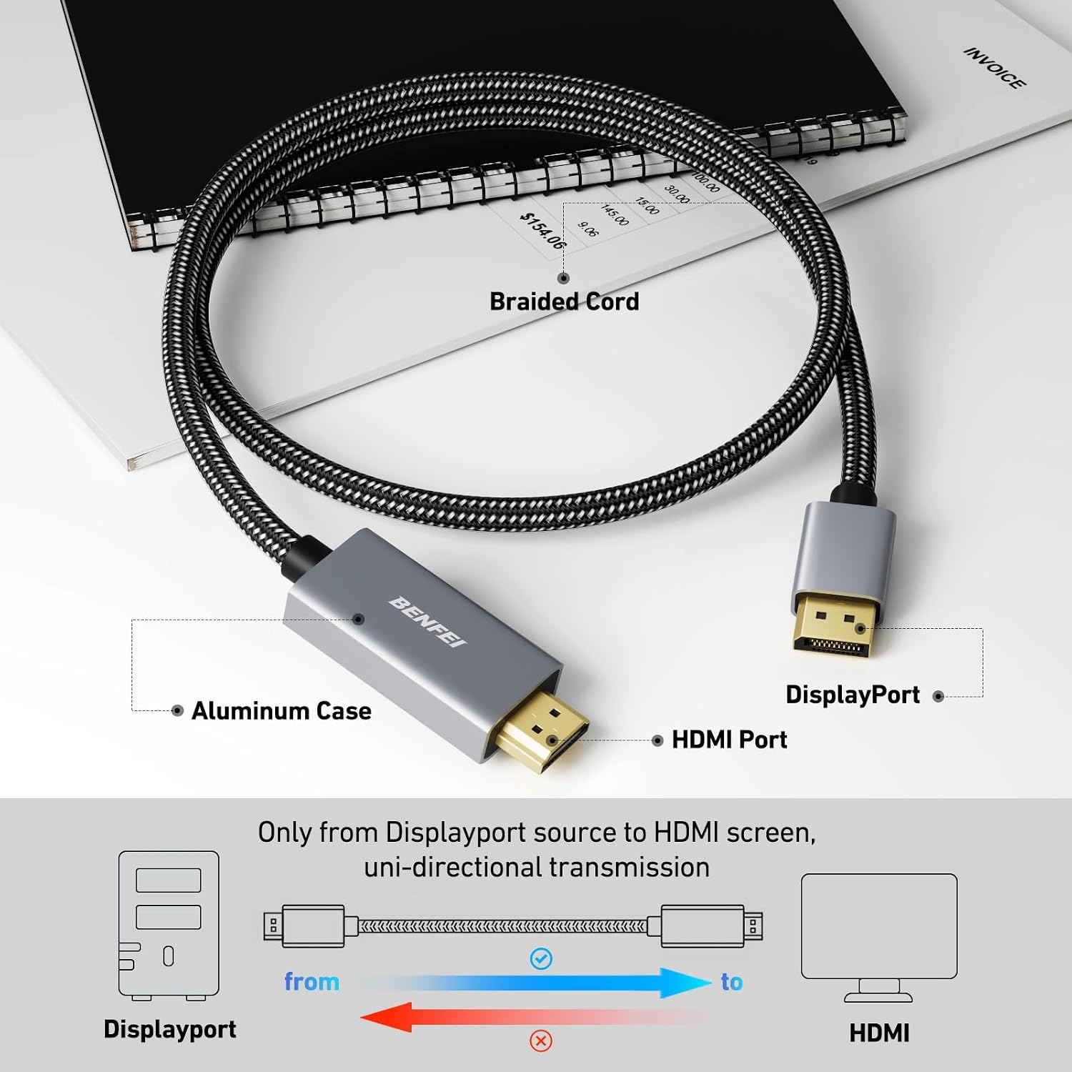 Detalle de BENFEI DisplayPort till HDMI-kabel, 1,8 m, enkelriktad och flätad