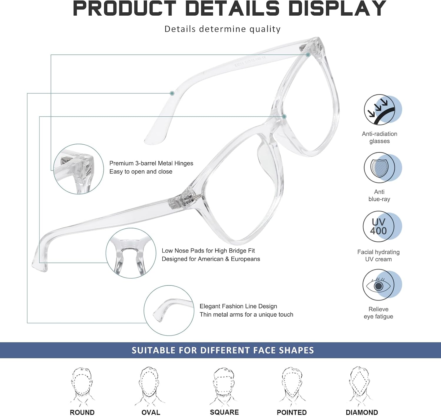 Detalle de Jectieey Reading Glasses with Polycarbonate Lenses