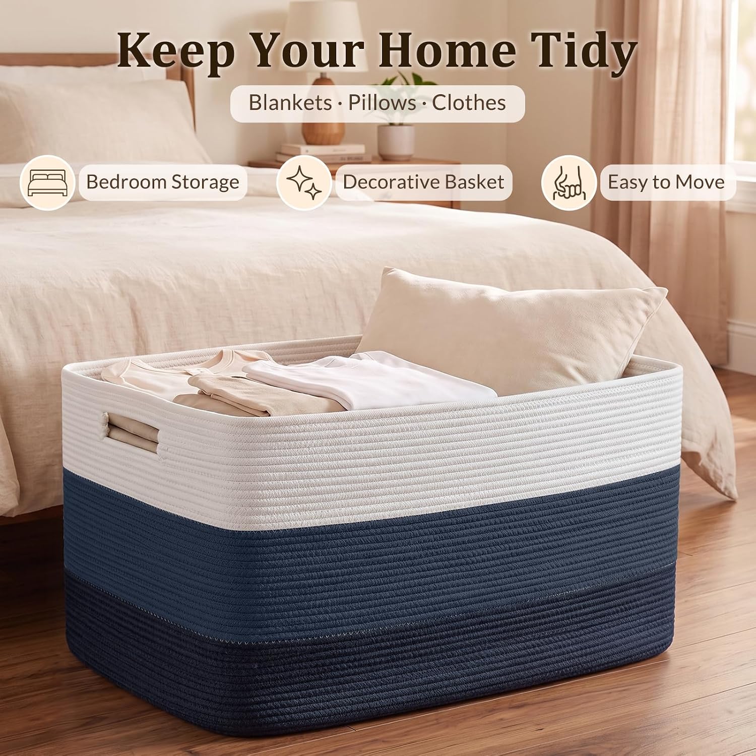 Detalle de OIAHOMY FSB-A-J-100L-04B 108L Cotton Rope Storage Basket, Gradient Blue