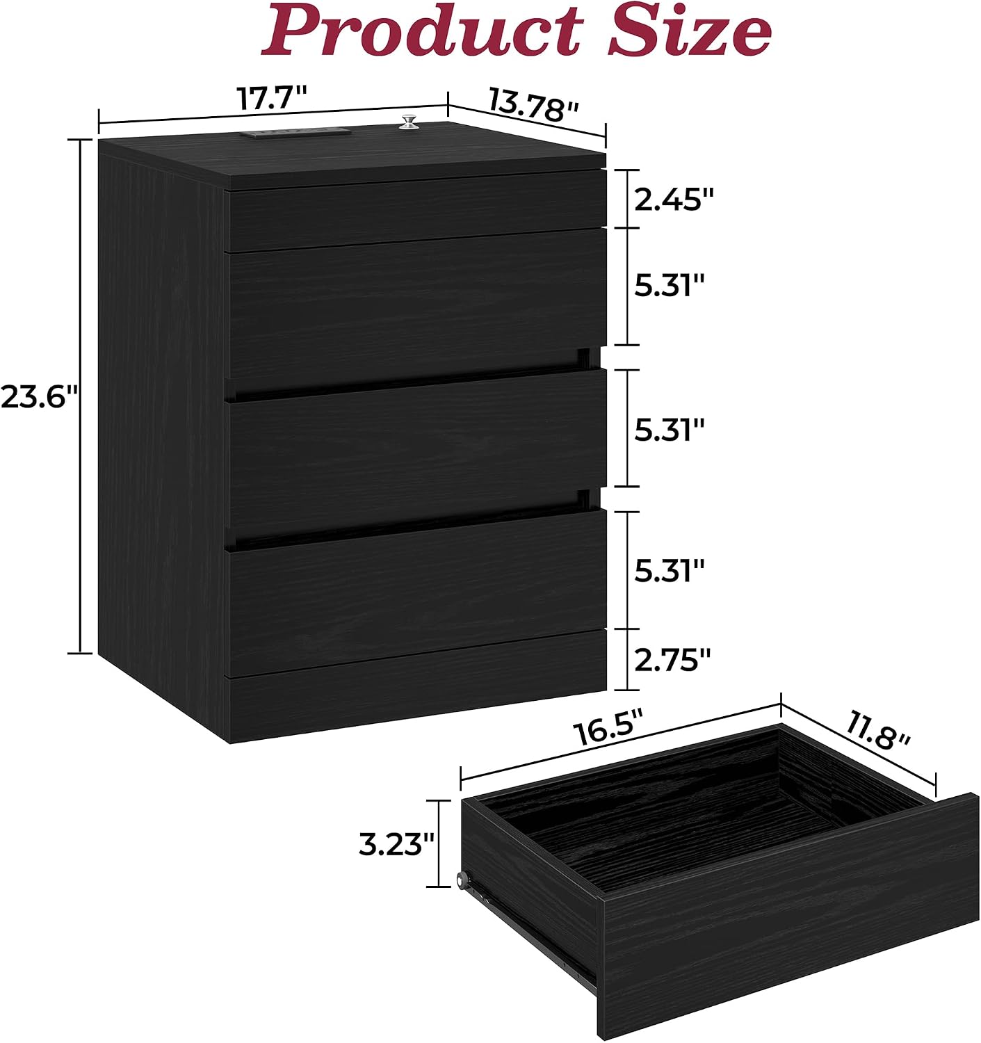 Thumbnail 1 de Yusong Black Oak Nightstand with Hidden Lock, 4 Drawers and Charging Station