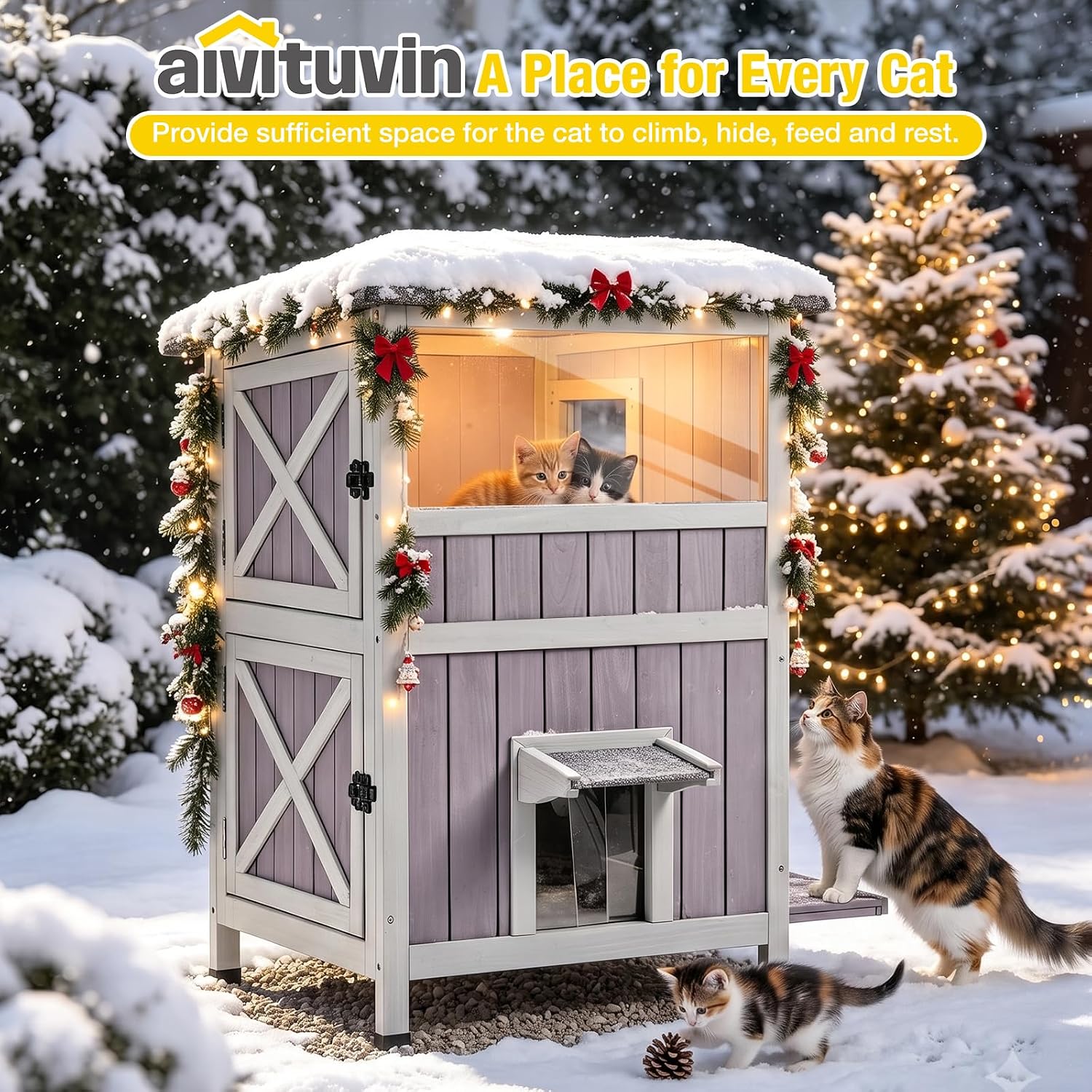 Thumbnail 6 de Aivituvin L 2-Story Heated Outdoor Cat House, Insulated Fir Wood, Gray