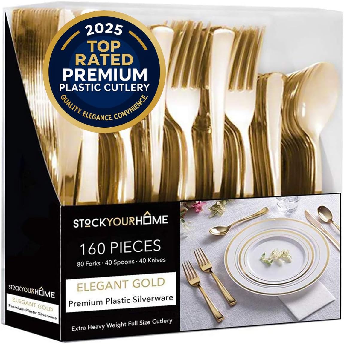 Detalle de Gold Plastic Silverware Set 160 Pack 🍴