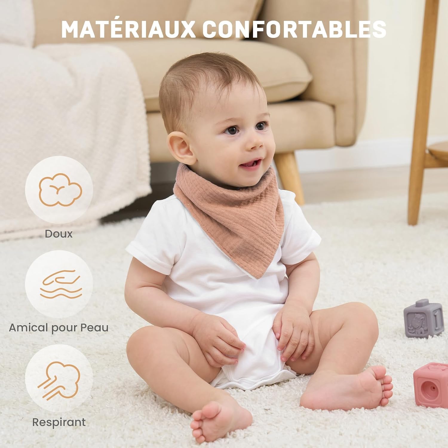 Thumbnail 3 de IKWOLETI Bavoirs Bébé Naissance Mousseline – Ensemble de 8 bavoirs absorbants et ajustables