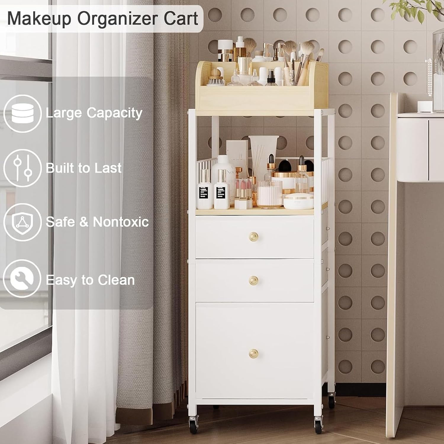 Thumbnail 5 de Makeup Organizer Cart with Drawers: 3-Tier Vanity Storage for Cosmetics, Skincare, and More