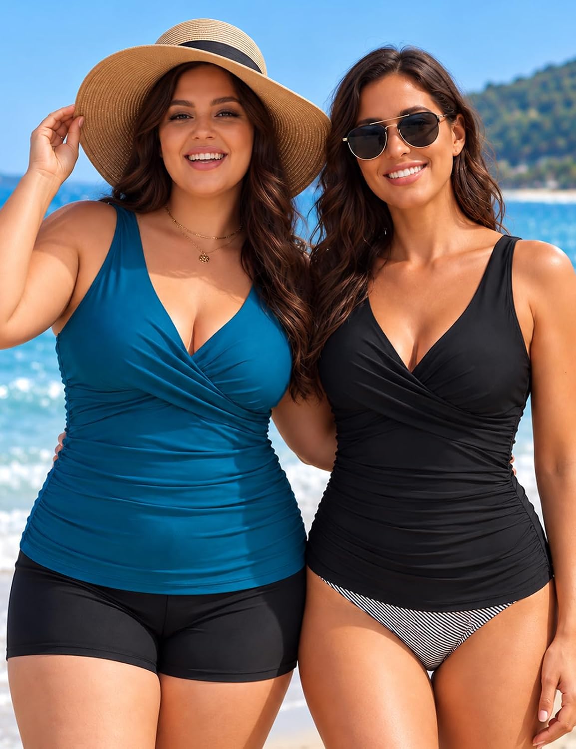 Thumbnail 6 de Hilor Women's Underwire Tankini Top with Tummy Control and V-Neck Cross Front