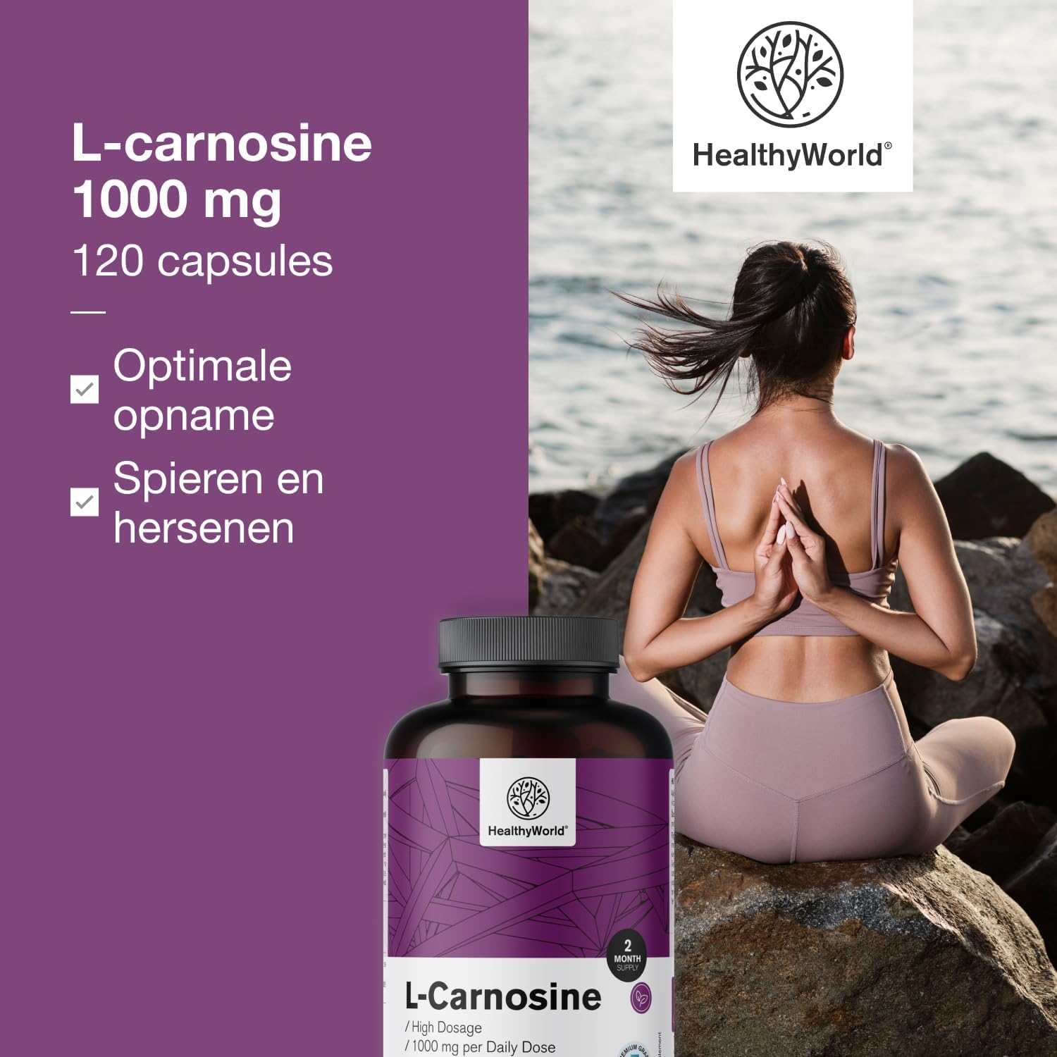 Detalle 2 de HealthyWorld L-Carnosine 1.000 mg, 120 plantaardige capsules