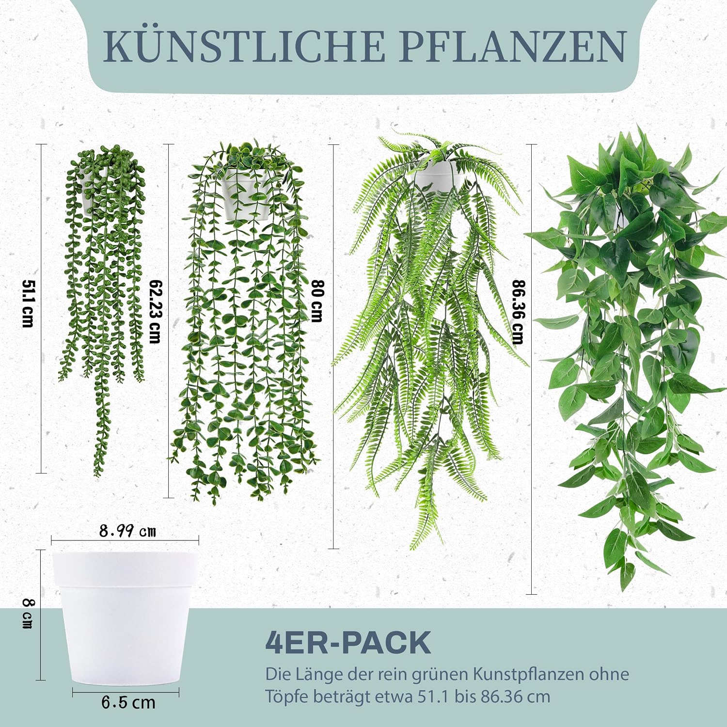 Detalle de 4er-Set künstliche Hängepflanzen – Eukalyptus, Boston-Farn, Perlenschnur & Pothos (Weiß)