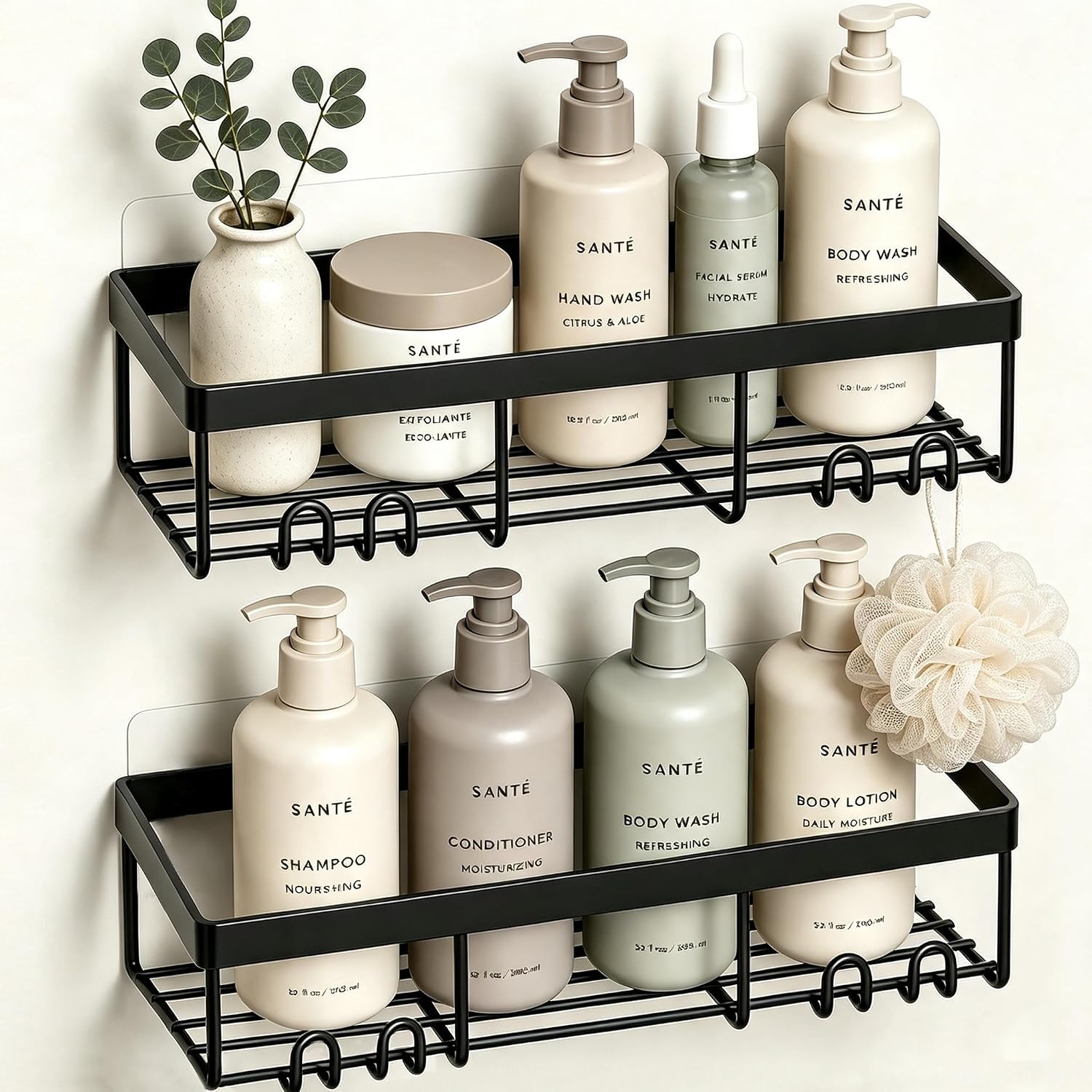 Detalle de Moforoco Shower Caddy Shelf Organizer, 2-Piece Black Adhesive Set with Hooks