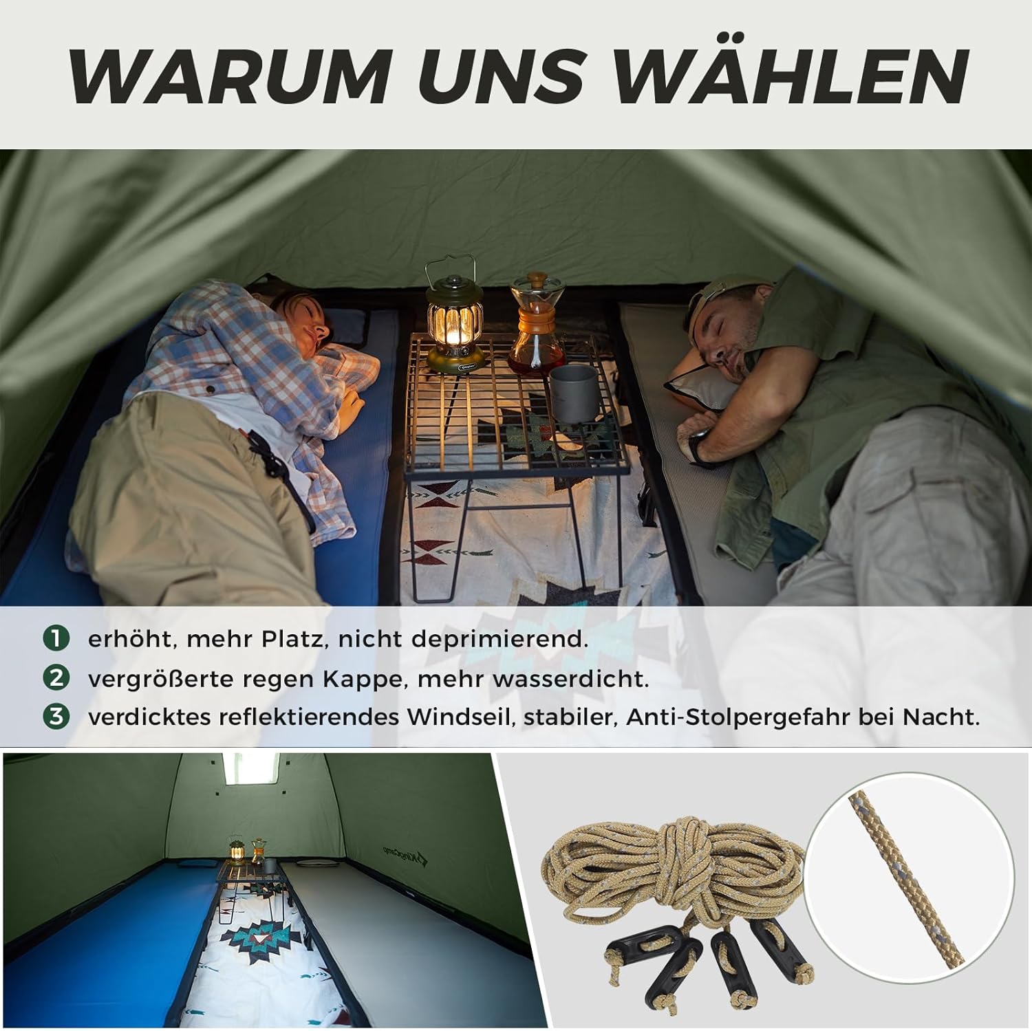 Detalle de KingCamp 2-3 Personen Zelt – Wasserdicht 3000 mm, Ultraleicht & Großes Überdach, ideal für Wanderer, Festivals & Wochenendausflüge