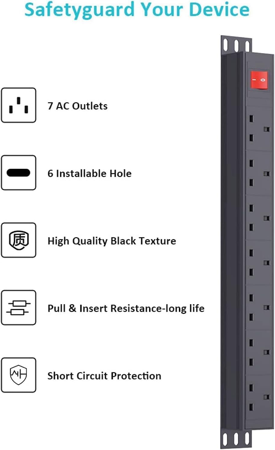 Detalle de Extension Lead Surge Protection 7-Way Power Strip with Switch, 3m Cable (13A) – Horizontal Rack/Wall Mount PDU