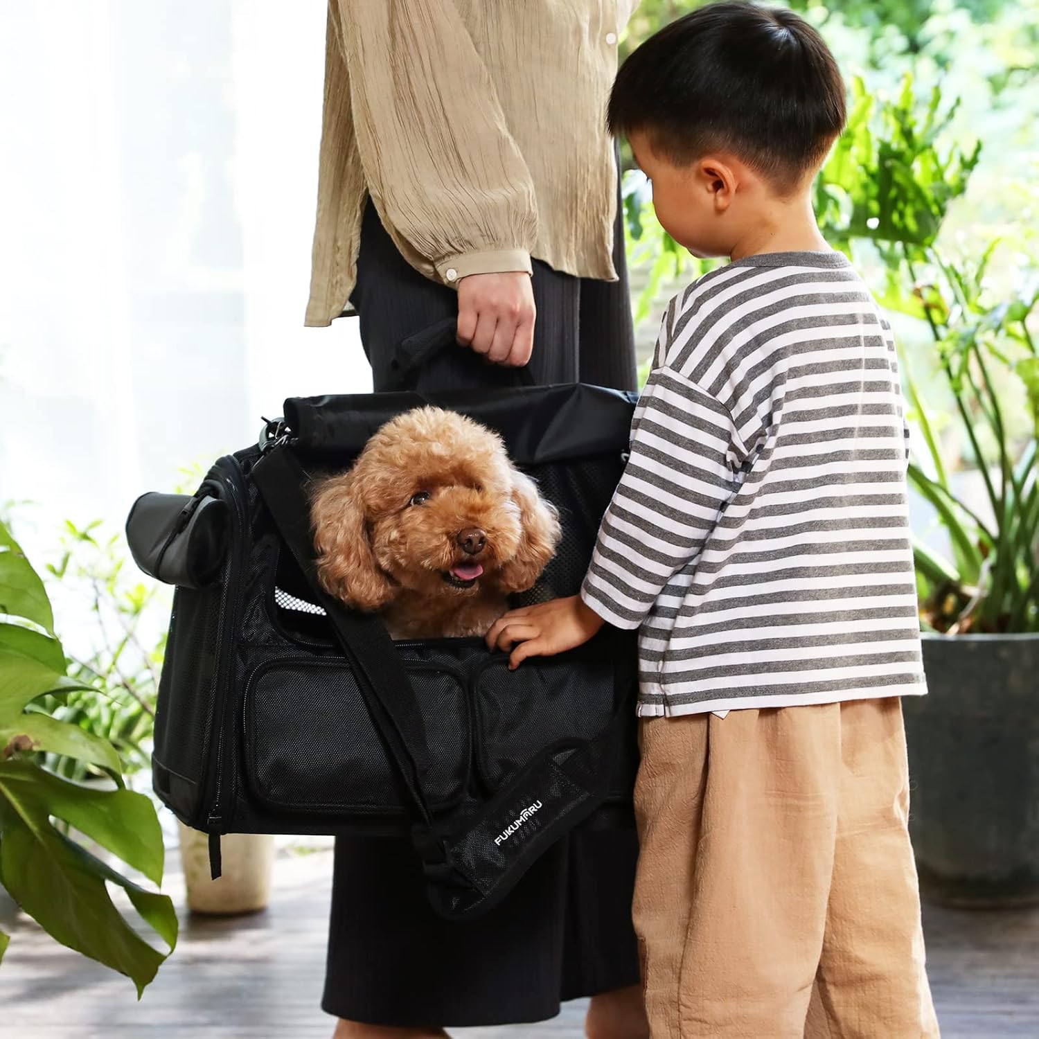 Detalle 2 de FUKUMARU Sac de transport pliable pour chien et chat jusqu’à 20 kg, noir (approuvé compagnies aériennes)