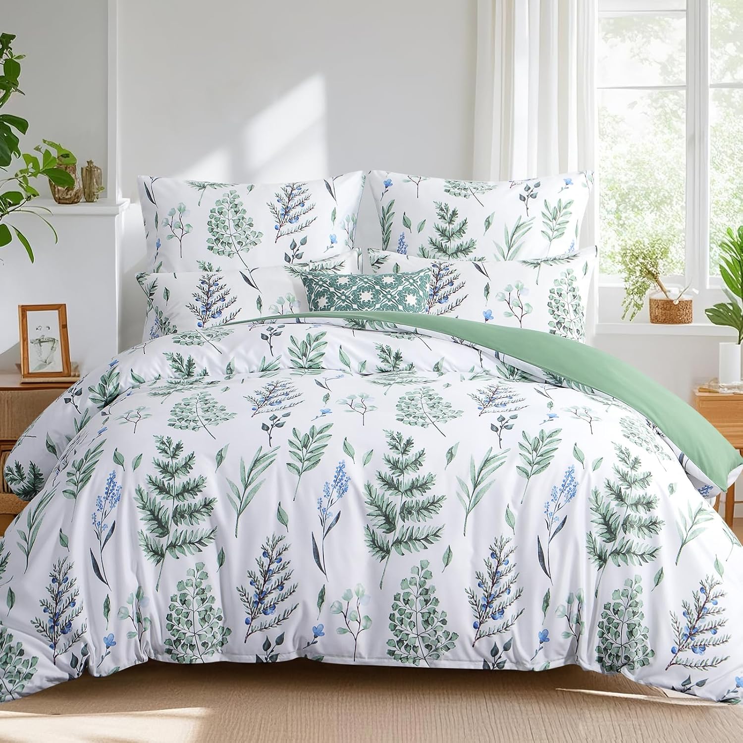 Detalle de Tifschlaf King Size Duvet Cover Set with Pillowcases – Floral Sage Green, 220x230 cm