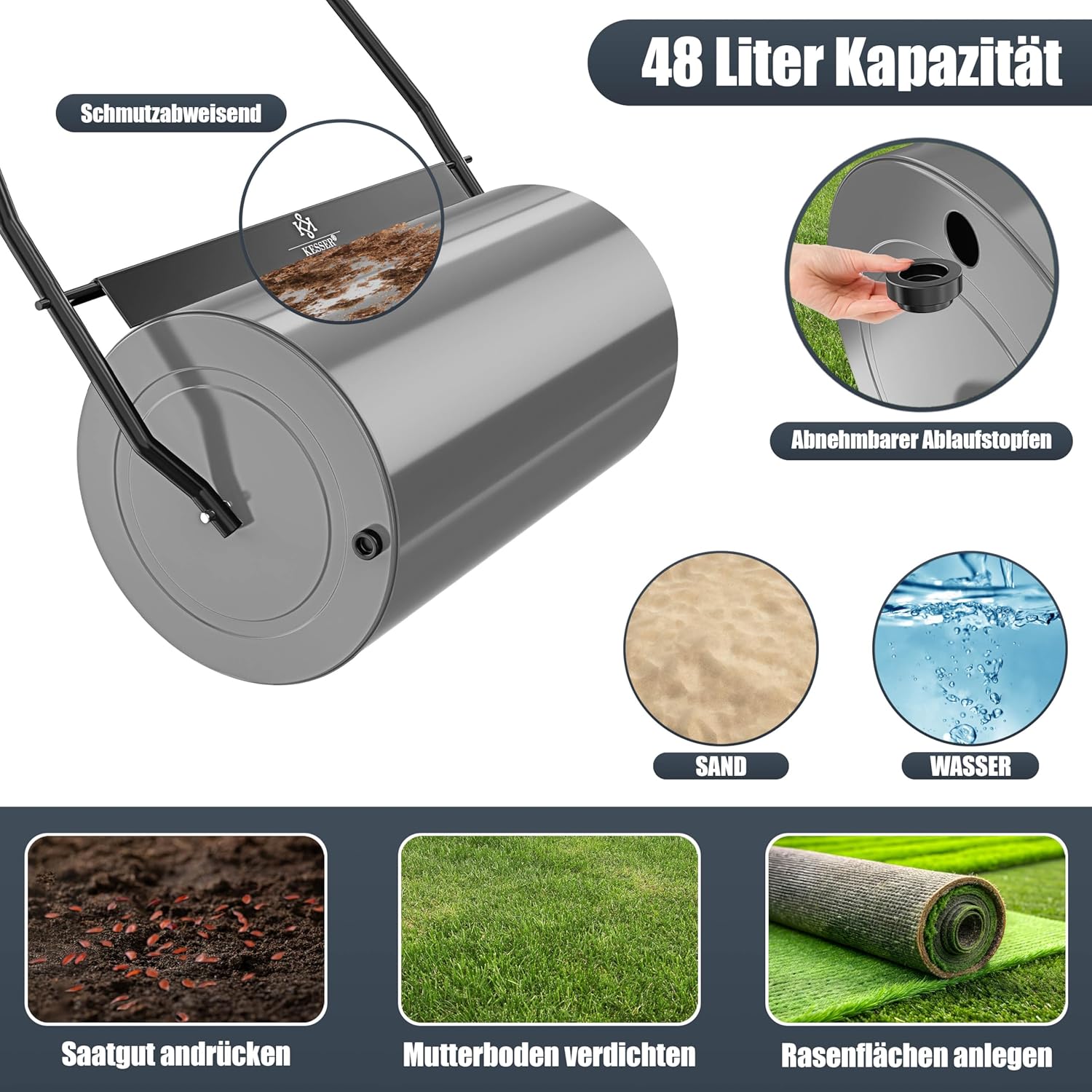 Thumbnail 3 de KESSER® Rasenwalze aus Metall, befüllbar (Wasser oder Sand) – 48 Liter Füllvolumen, 60 cm Arbeitsbreite