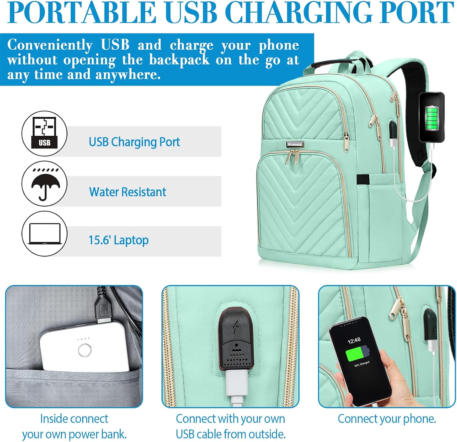 Detalle de Travel Laptop Backpack for Teens (15.6 inch) with Charging Port, 25L Quilted Work Bag – Teal