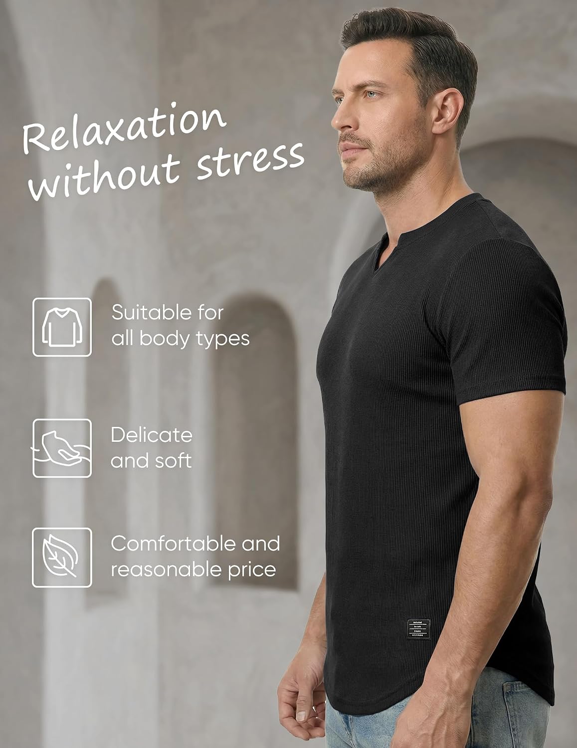 Detalle de JMIERR Men’s Muscle Slim Texture V-Neck Longline Henley T-Shirt