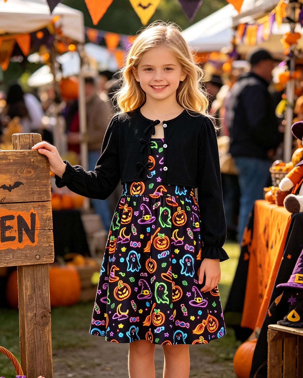 Detalle de Funnycokid Girls’ A-Line Dress Set with Adjustable Straps and Long-Sleeve Top