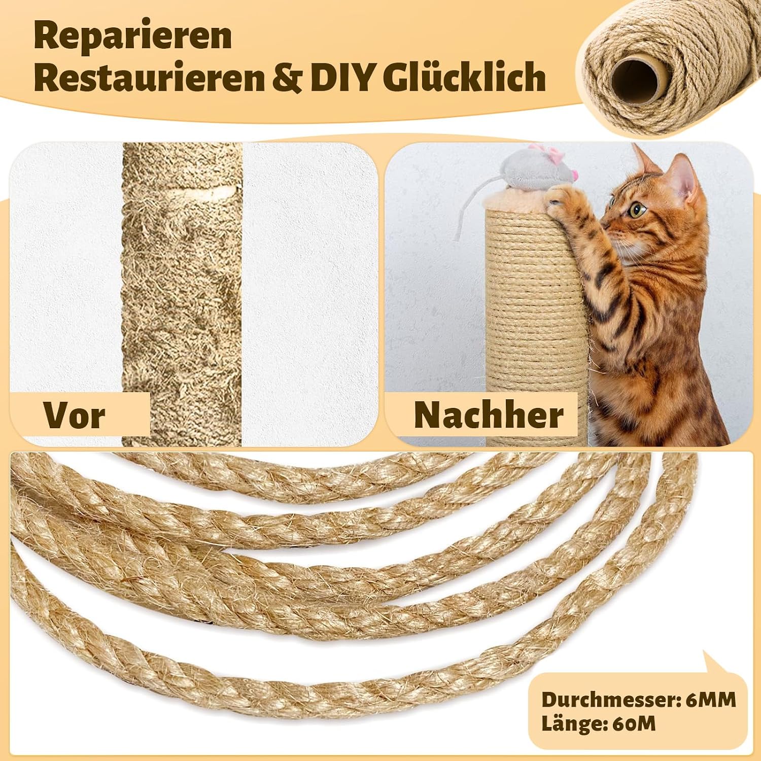 Detalle de Natur Sisalseil für Kratzbaum – 6 mm x 60 m Rolle für Ersatz, Basteln & Deko