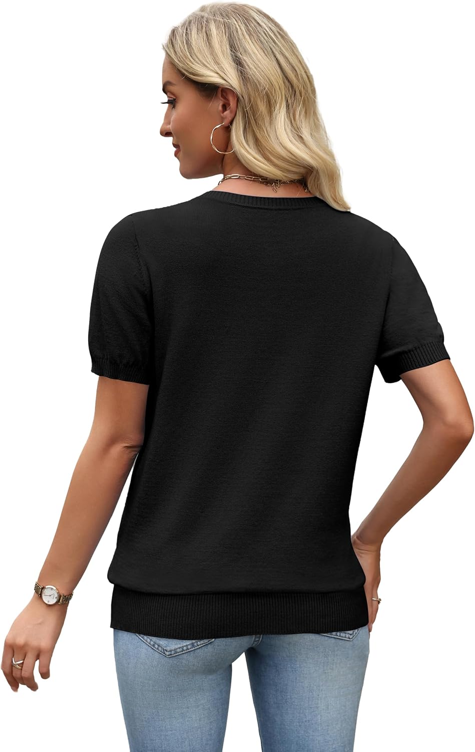 Detalle 2 de WIHOLL Short-Sleeve V-Neck Sweater for Women, Lightweight Knit