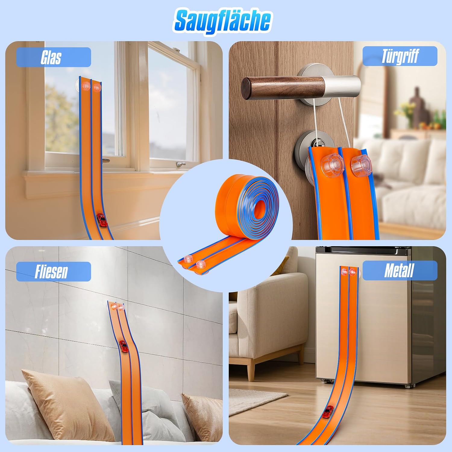 Detalle 2 de Hot Bee 4,5M Autorennbahn aus Silikon – flexible, saugnapfgestützt für Fenster, Wand und mehr (1:64 kompatibel)