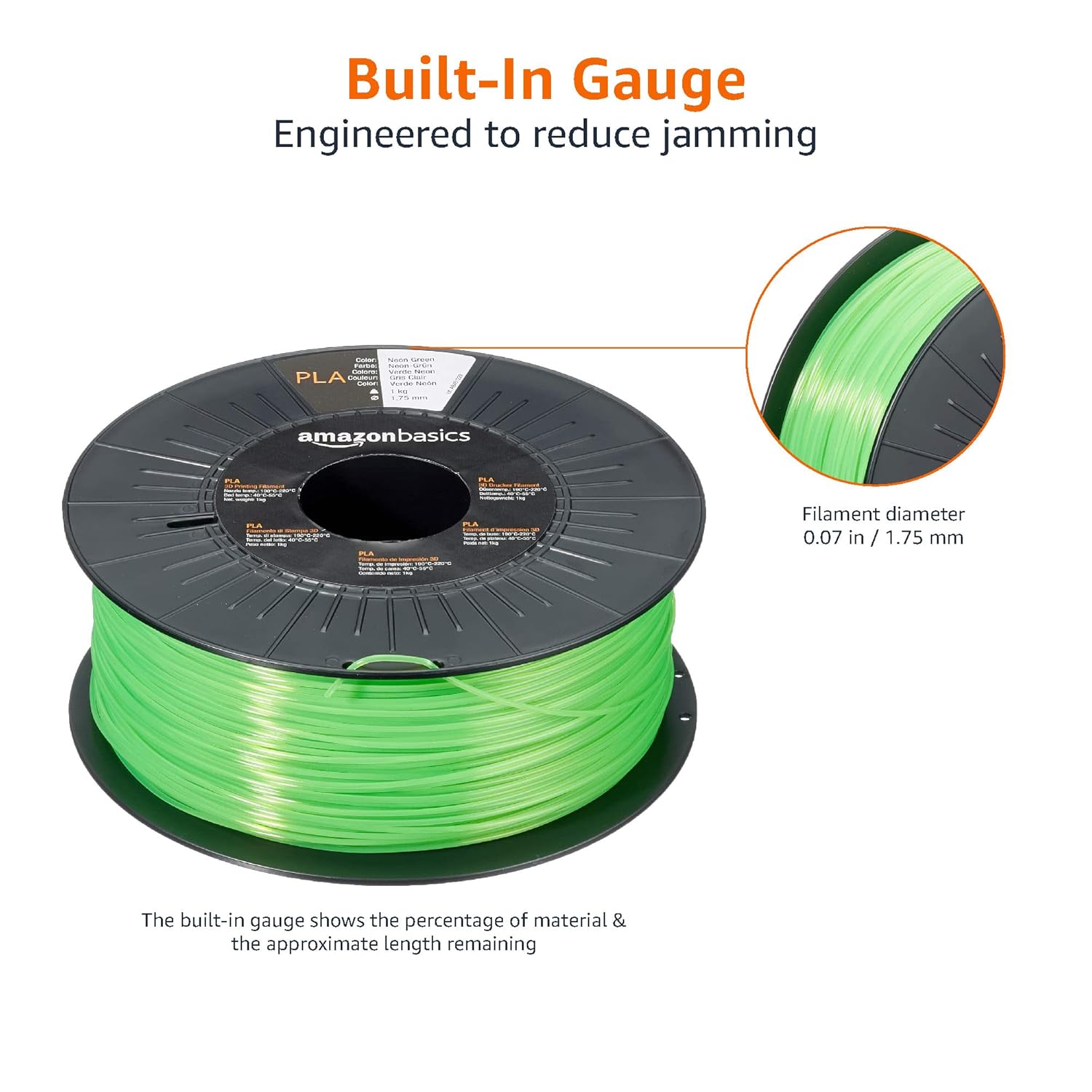 Detalle 2 de Amazon Basics PLA 3D Printer Filament (1.75mm, Neon Green, 1 kg) – Practical PLA for Everyday Prints