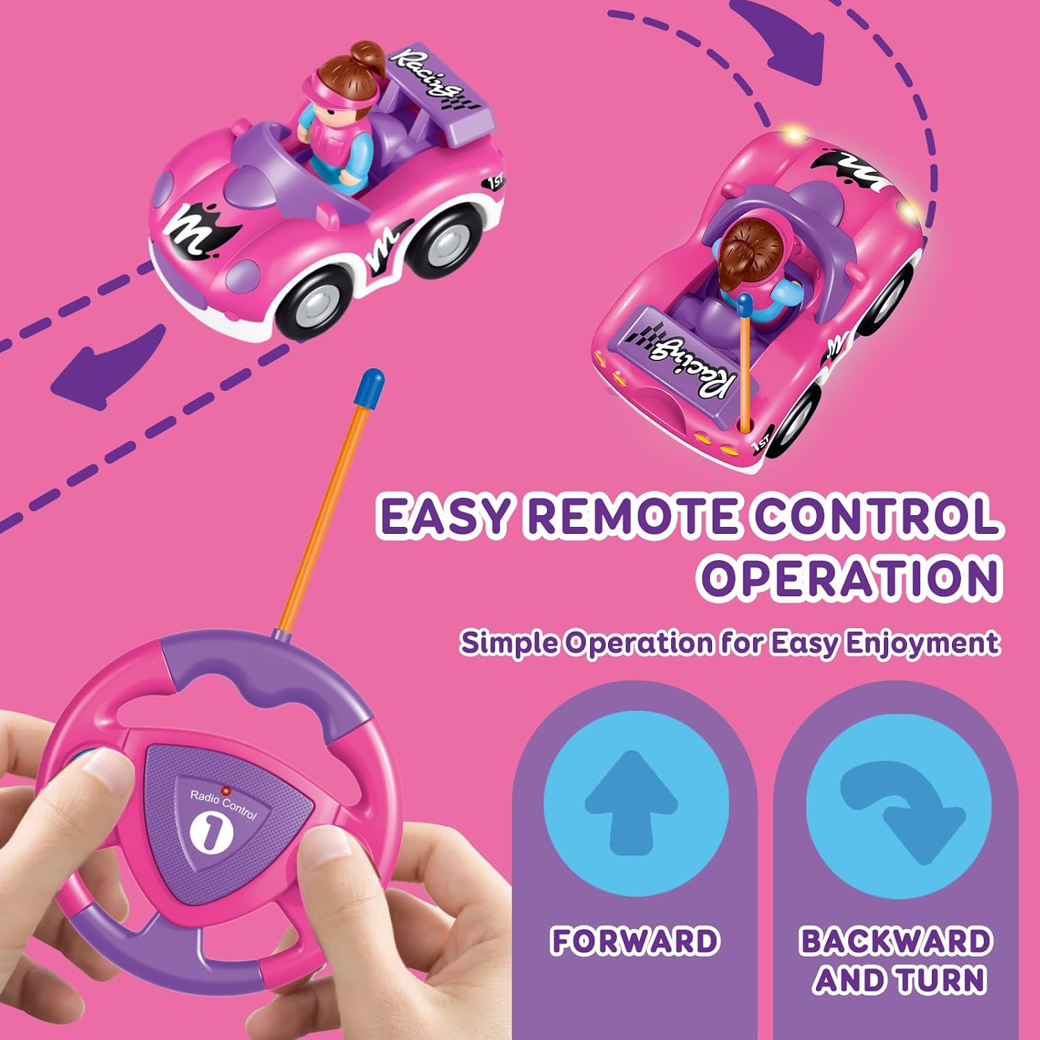Thumbnail 4 de Pup Go RC Race Car for Toddlers (18 Months+) with Horn Sounds, Flashing Lights & 2 Removable Dolls – Pink Purple