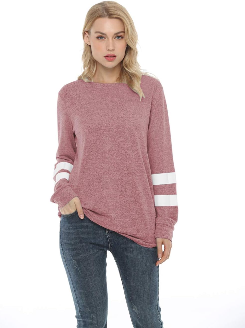 Thumbnail 3 de Famulily Women Comfy Striped Colour Block Soft Long Sleeve Tunics Tops