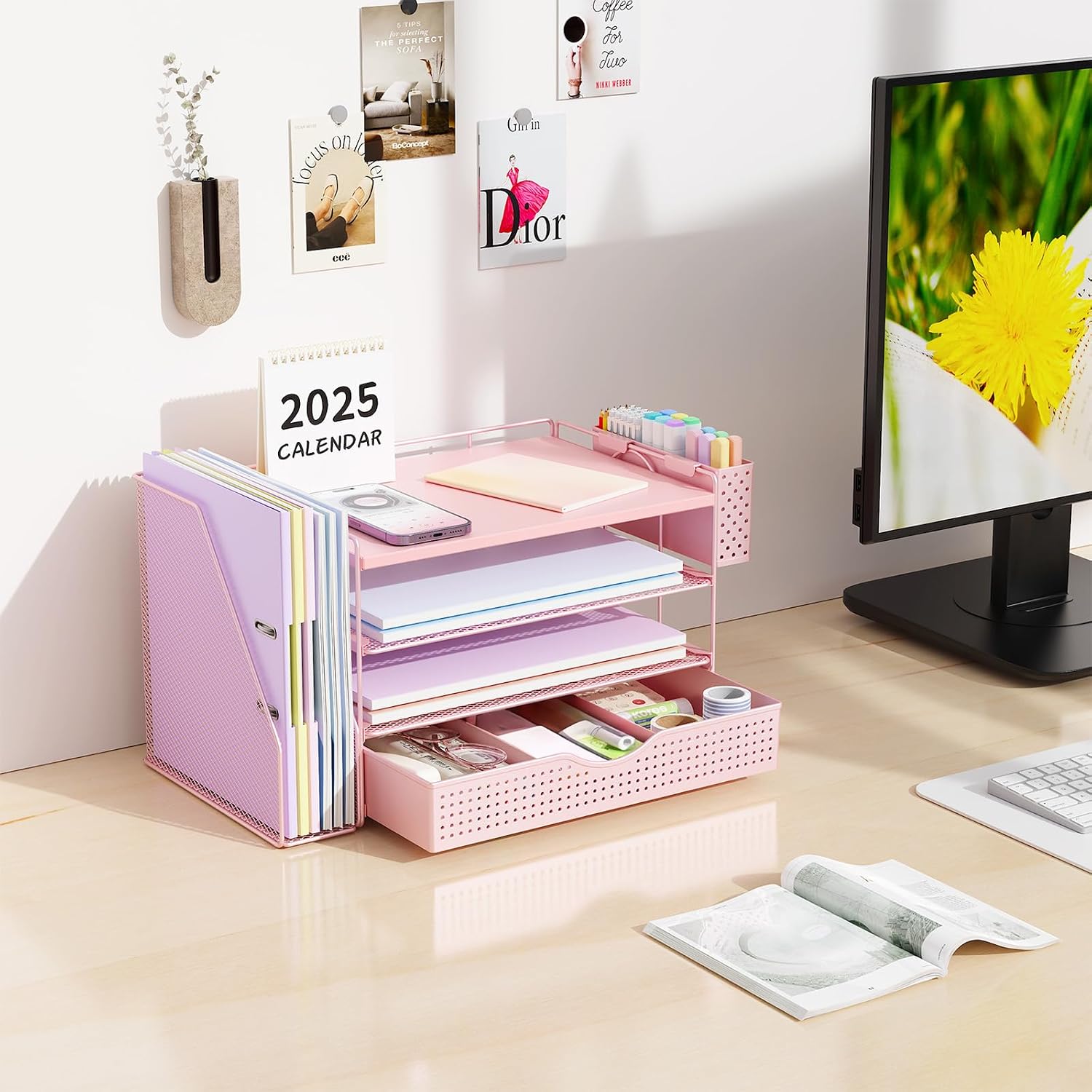 Thumbnail 2 de Pink 4-Tier Wood Desk Organizer with Drawer, File Rack, and Pen Holder