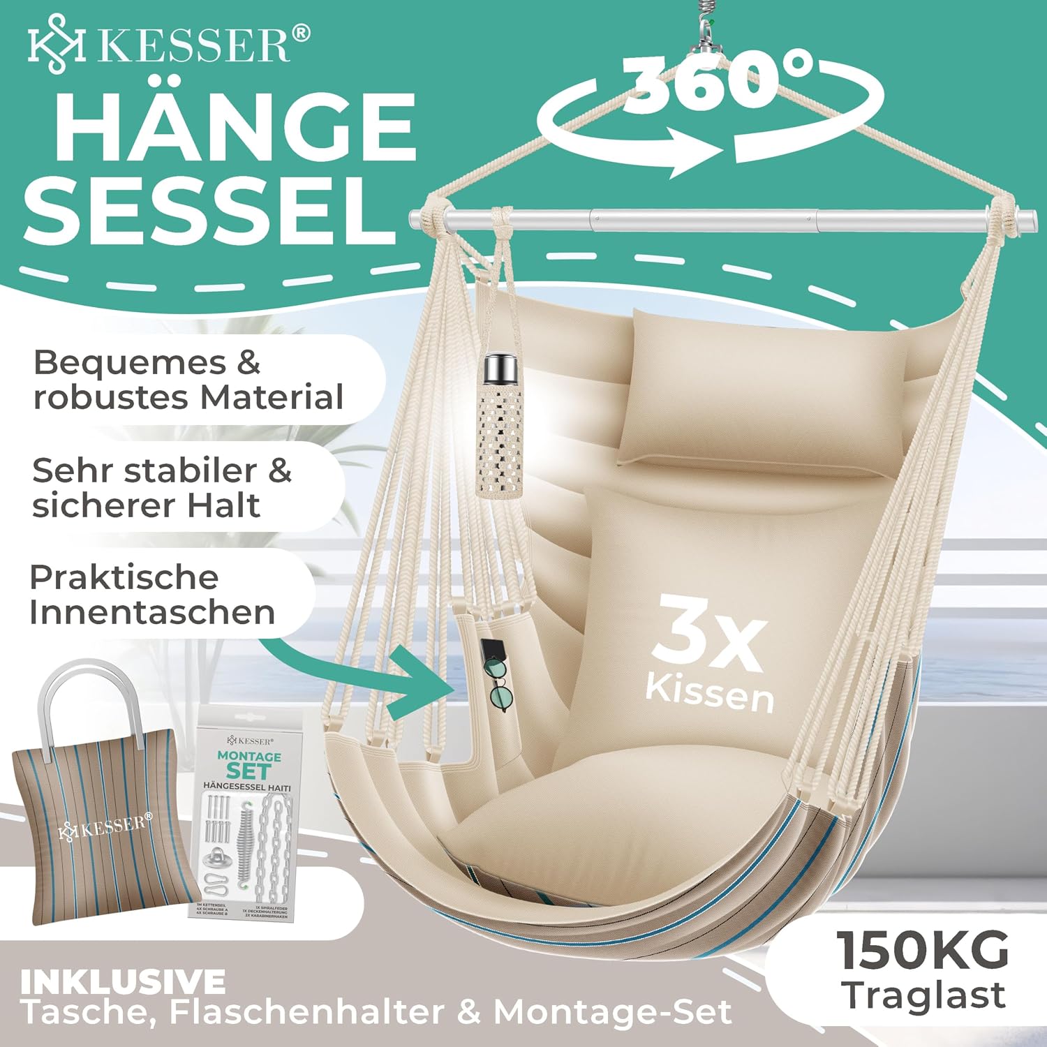 Detalle 2 de KESSER® Haiti Hängesessel – 150 kg Traglast, 360° Drehung, UV-beständig & Wasserfest
