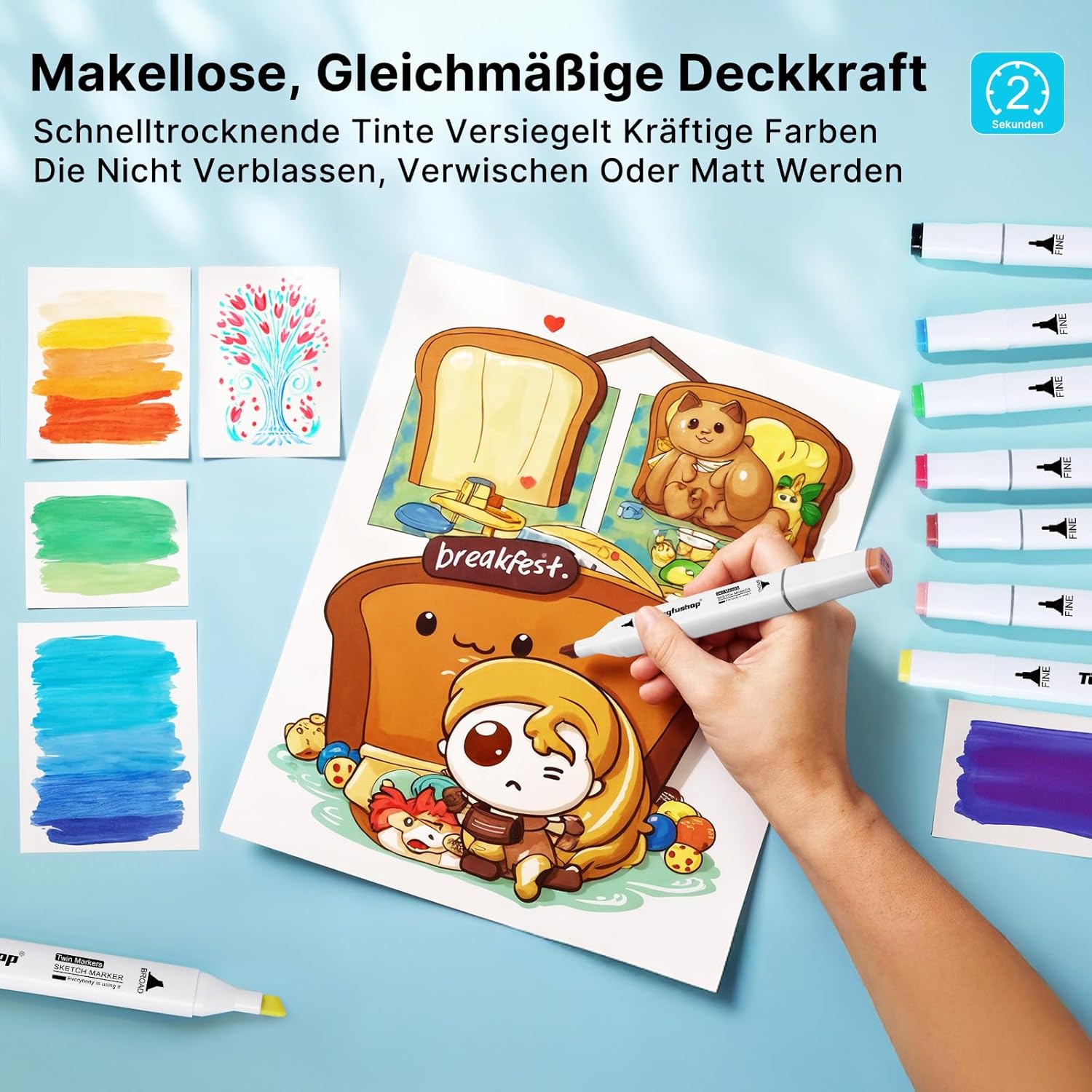 Detalle de Tongfushop Filzstifte Marker Set – 80 Alkohol Marker mit Fein- und Breitspitze, schnell trocknend