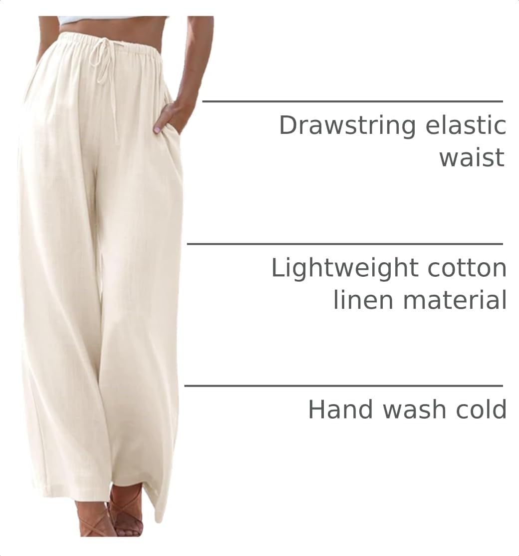 Detalle de Duyang Women’s Cotton Linen Palazzo Pants with Drawstring Waist and Pockets