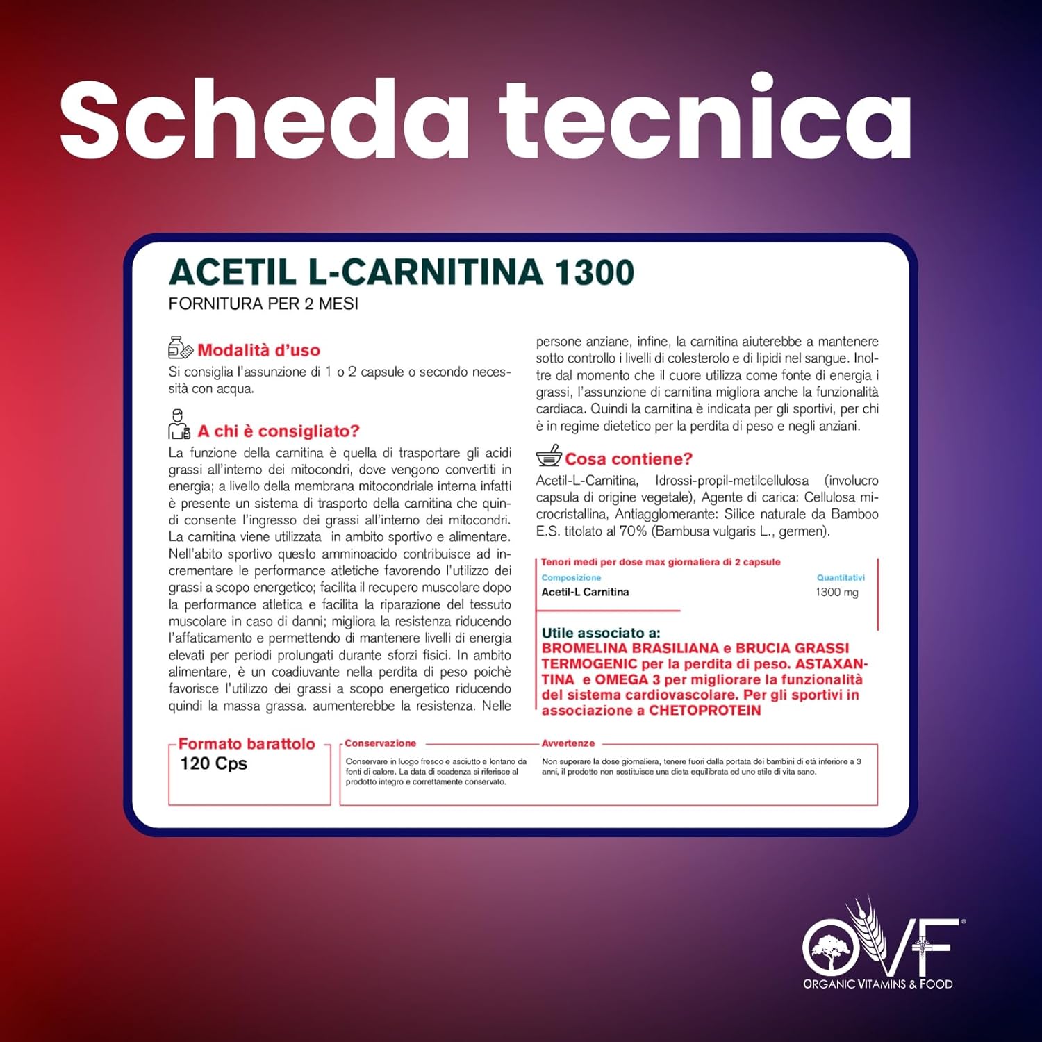 Thumbnail 6 de OVF Acetil L-Carnitina 1300 mg 120 cps – energia e focus, Made in Italy