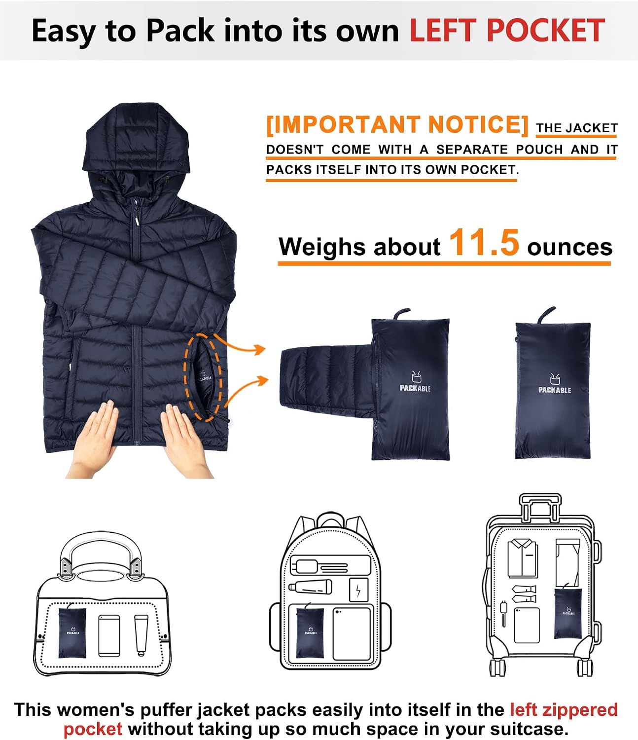 Detalle 2 de Outdoor Ventures Women’s Winter Lightweight Puffer Jacket with Hood (Short, Packable) for Hiking & Travel