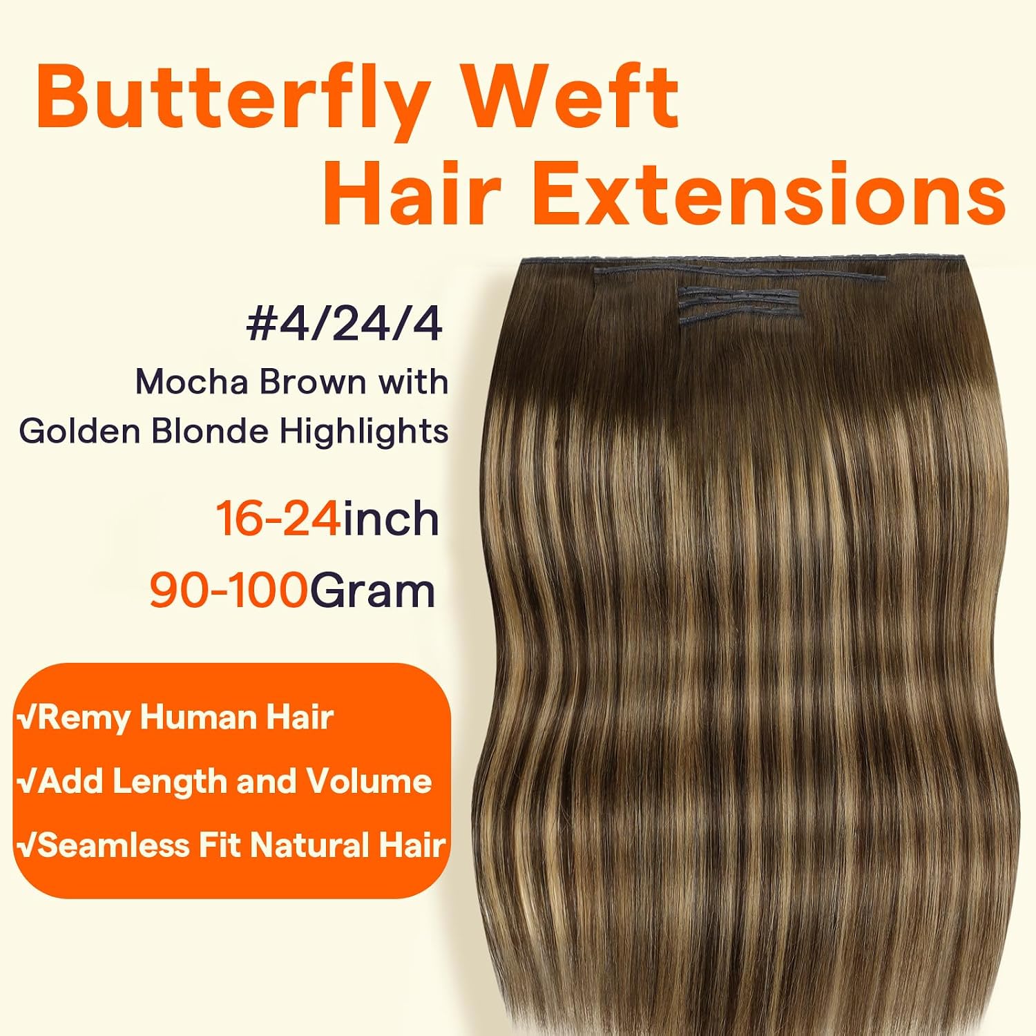 Detalle 2 de Full Shine Butterfly Weft Human Hair Extensions 22 Inch, 100g, 5 Pieces — Brown Ombre Honey Blonde