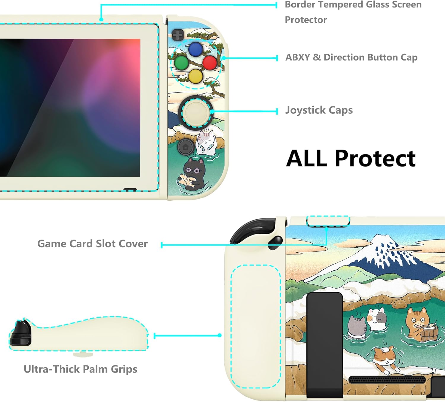 Detalle de PlayVital ZealProtect Soft Protective Case for Nintendo Switch (Hot Spring Kitties) – with tempered glass screen protector, thumb grips and ABXY caps