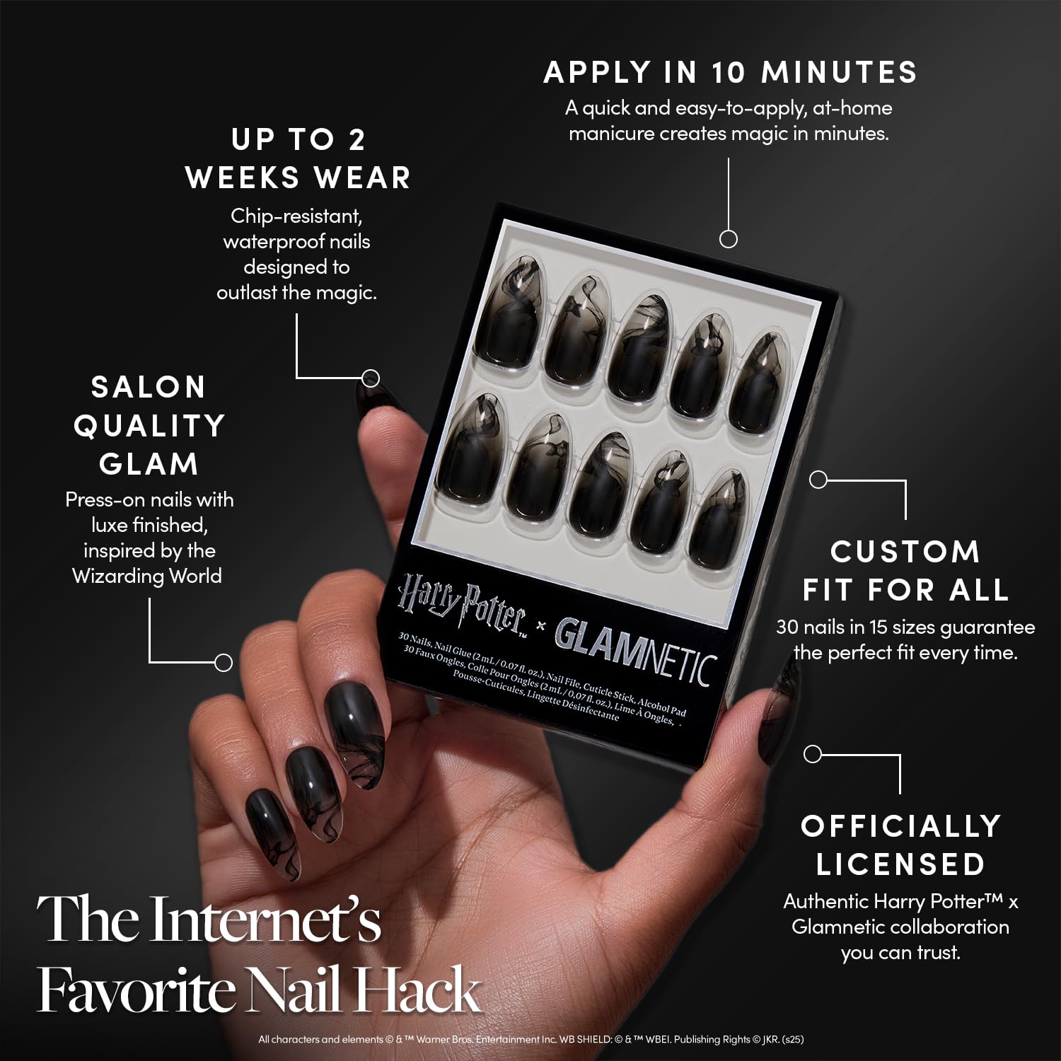 Detalle de Glamnetic x Harry Potter Dementor Press-On Nails, Medium Almond, Glossy Finish