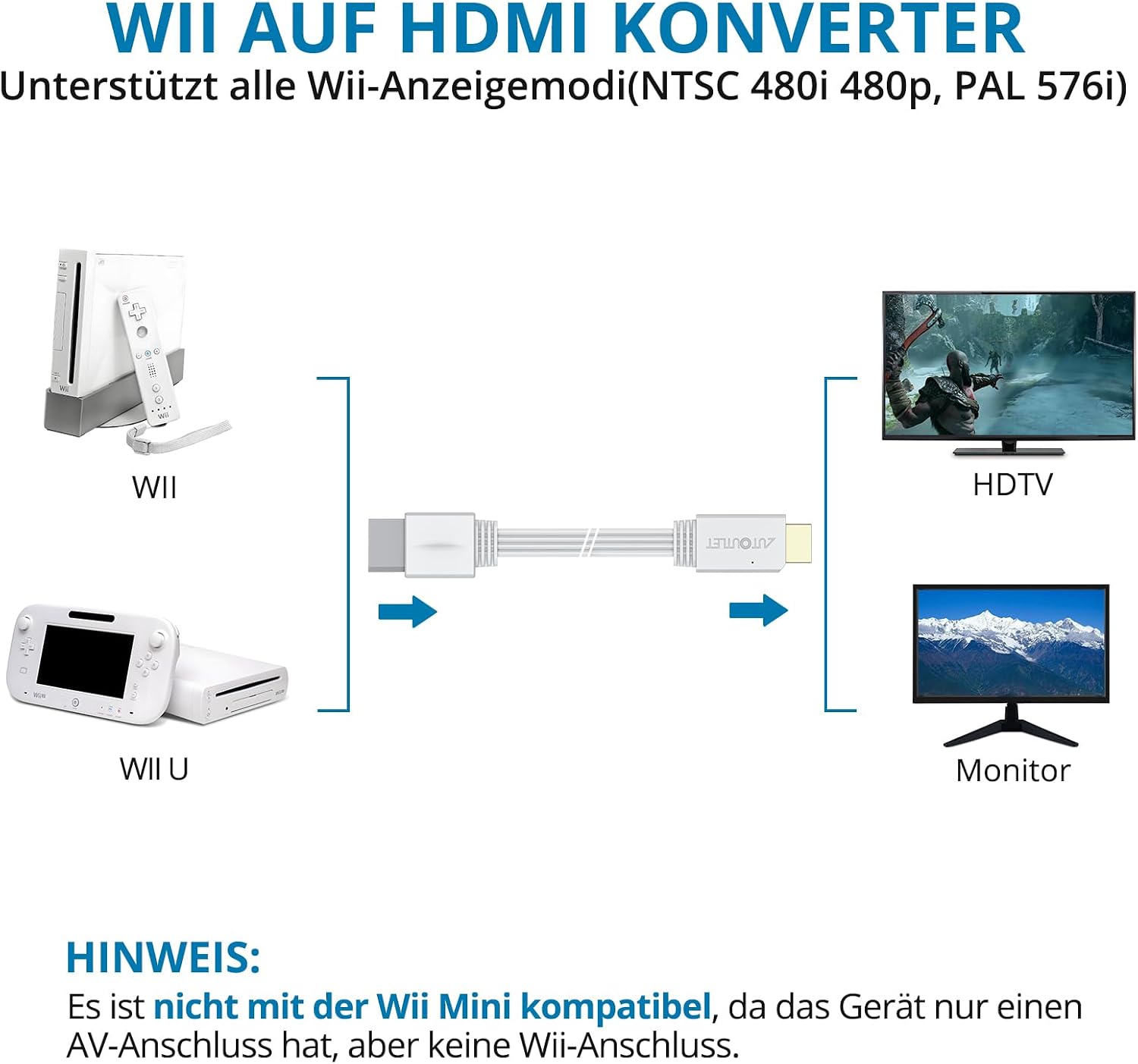 Detalle de AUTOUTLET Wii HDMI Adapter – Plug & Play, 150 cm Kabel, 720p/1080p Konverter für Wii