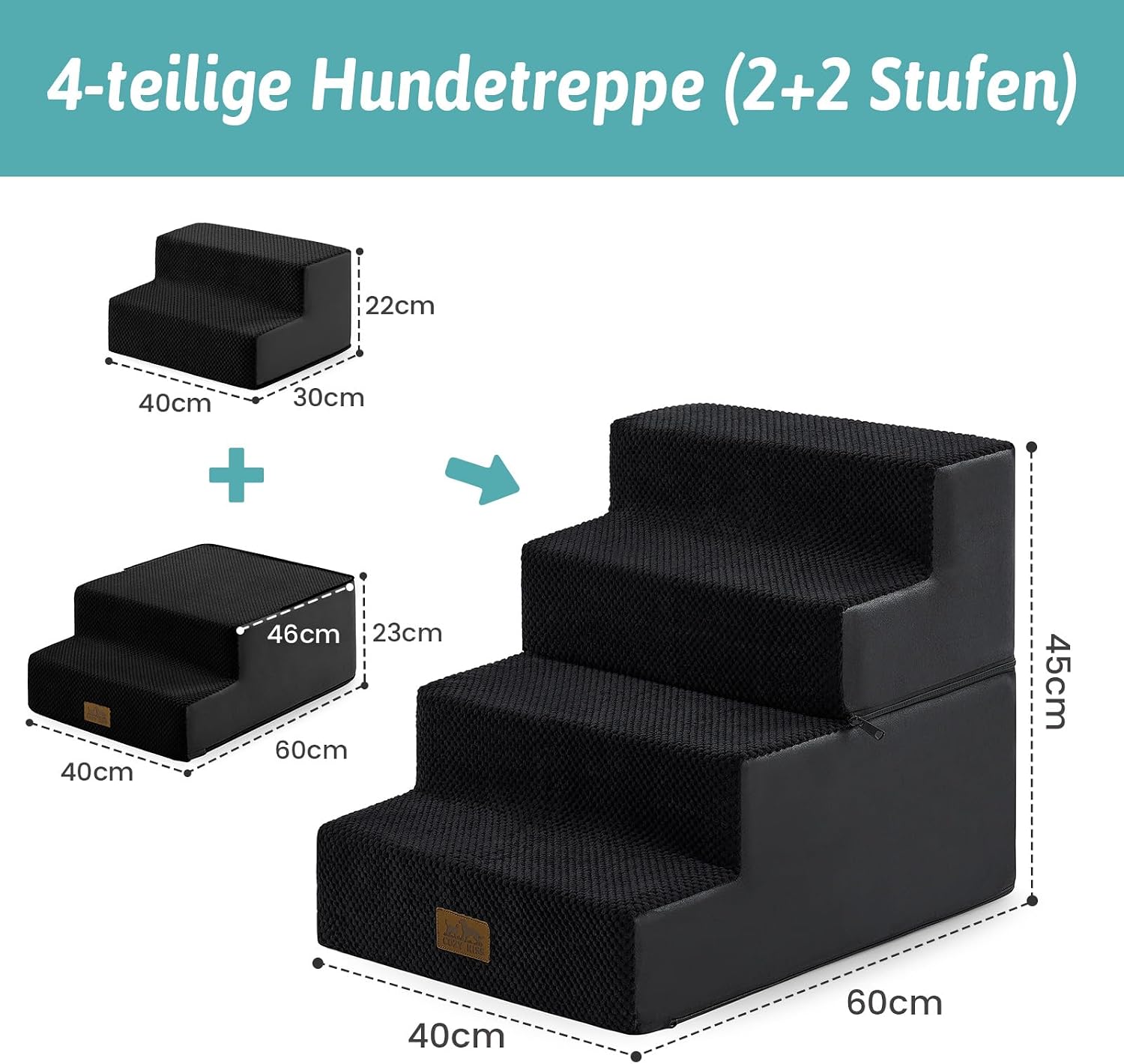 Detalle de Hundetreppe 4 Stufen 45 cm Hoch – 2-in-1 Rampe für Hunde & Katzen, faltbar, 40x60x45 cm, Schwarz
