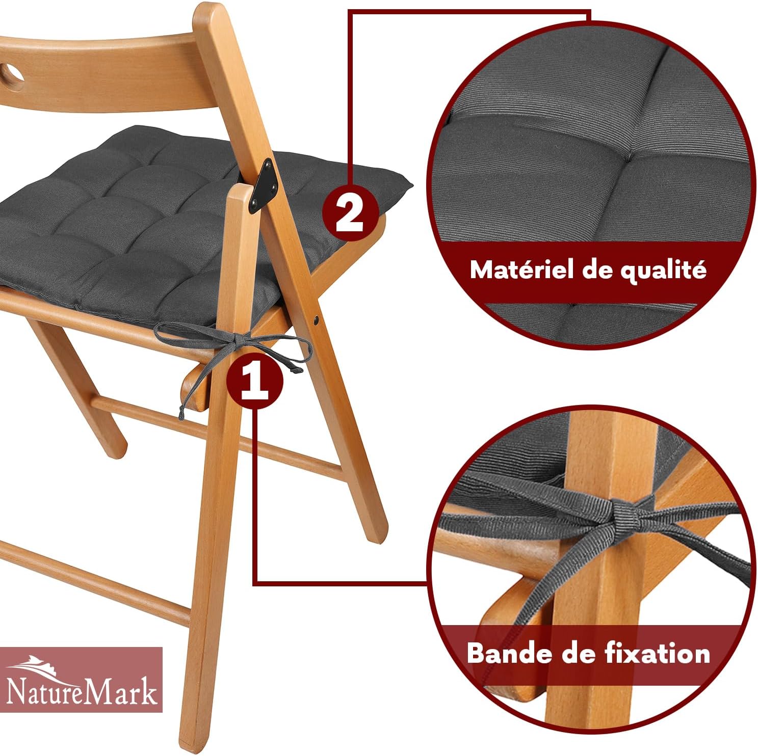 Detalle 2 de NatureMark lot de 4 galettes de chaise grises argentées 40 x 40 cm avec rubans (épaisseur 3 cm)