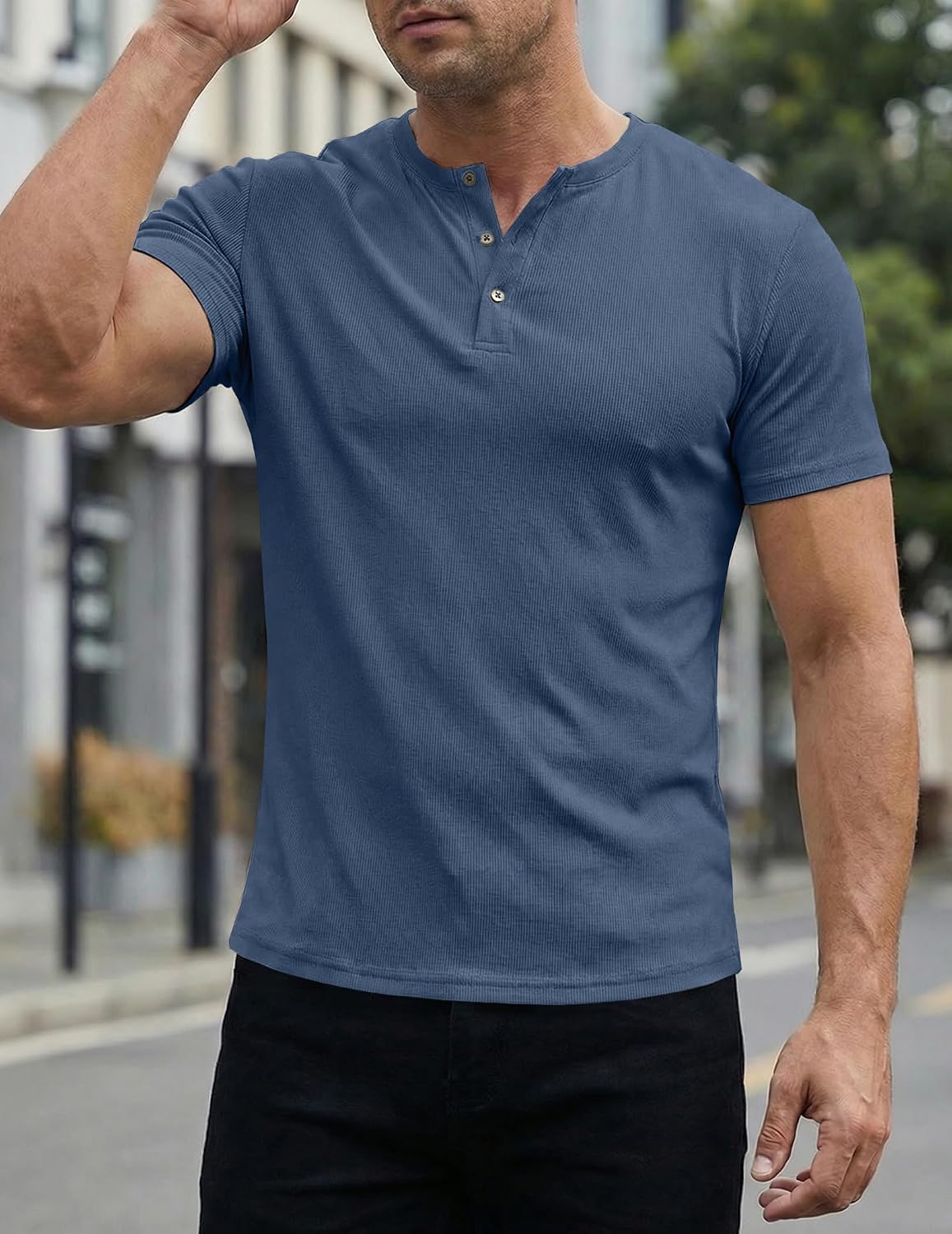 Detalle 2 de JMIERR Men’s Muscle Slim Henley T-Shirt (Crewneck Longline) with Button Placket