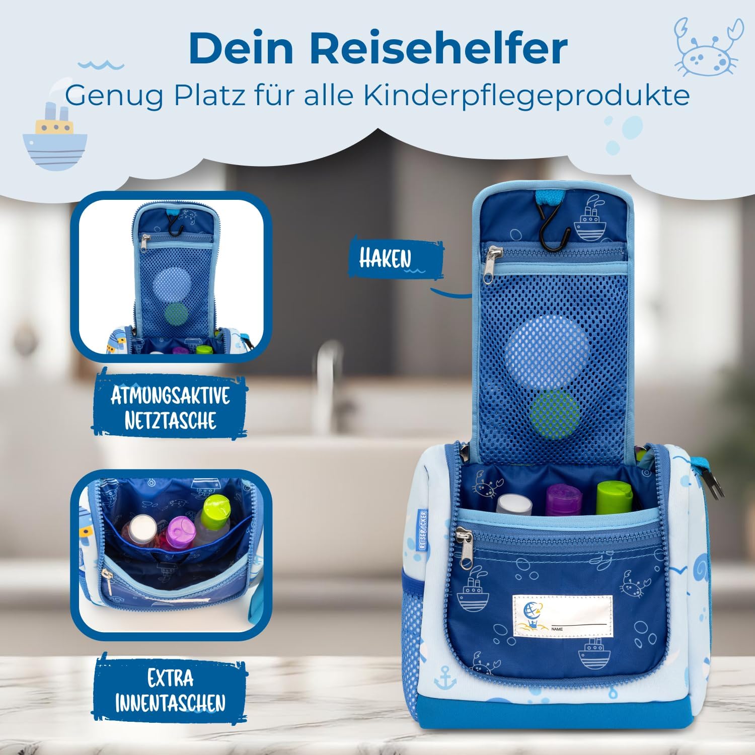 Detalle 2 de REISERACKER Kinder-Kulturbeutel zum Aufhängen inkl. Medi-Tasche – Kulturtasche für Jungen und Mädchen