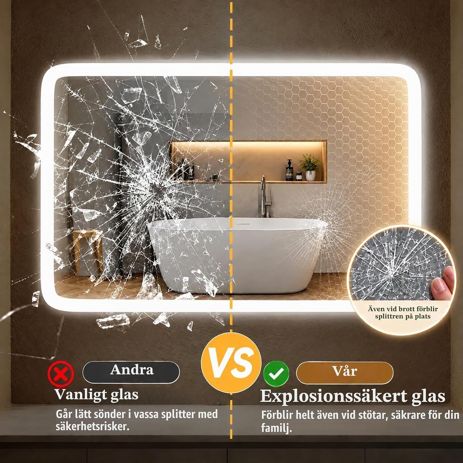 Detalle de Clevich badrumsspegel med belysning 80 × 60 cm, dimbar LED och imskydd