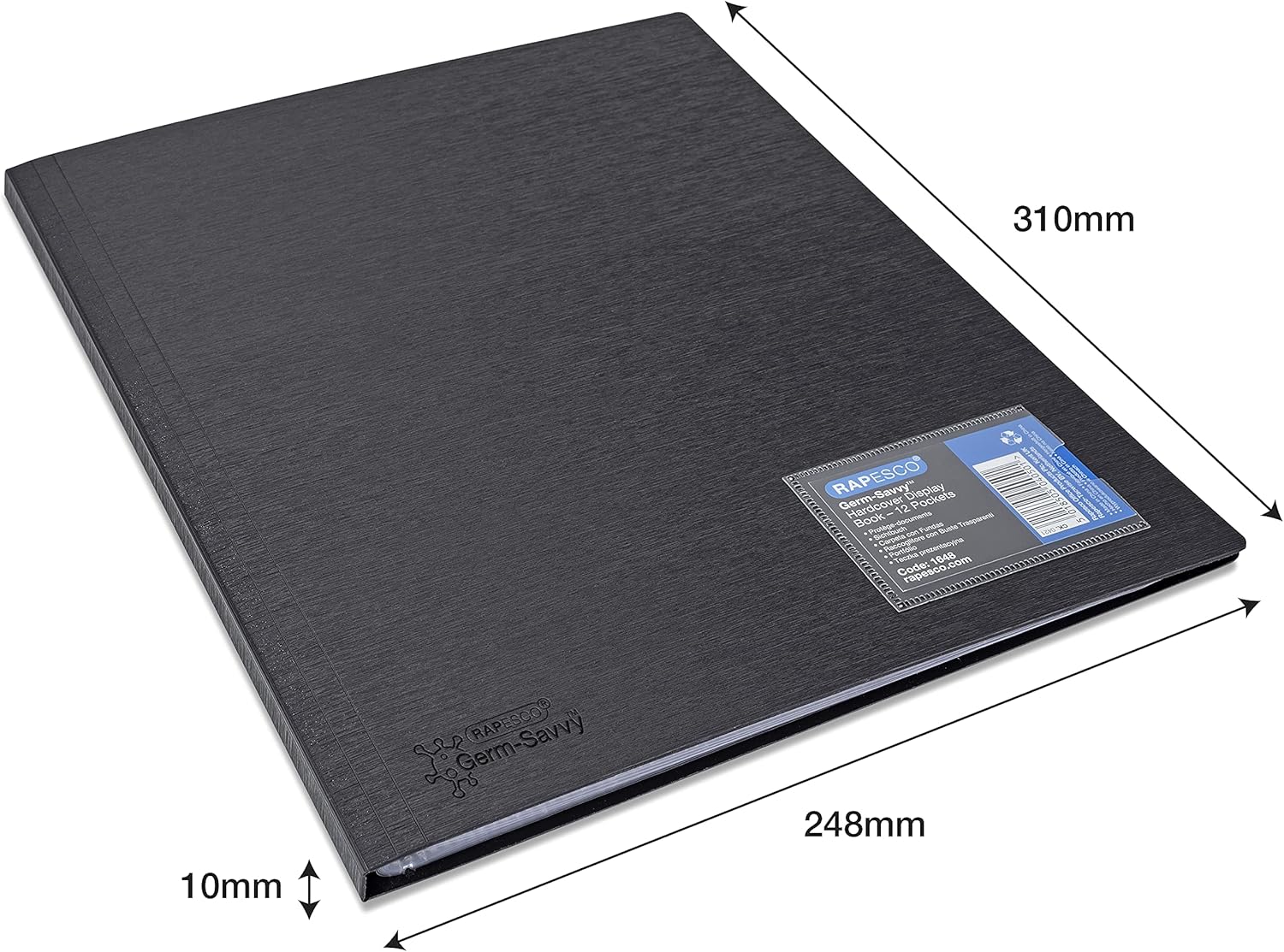 Detalle de Rapesco 1648 Germ-Savvy Antibacterial Hardcover A4 12-Pocket Presentation Folder (Black)