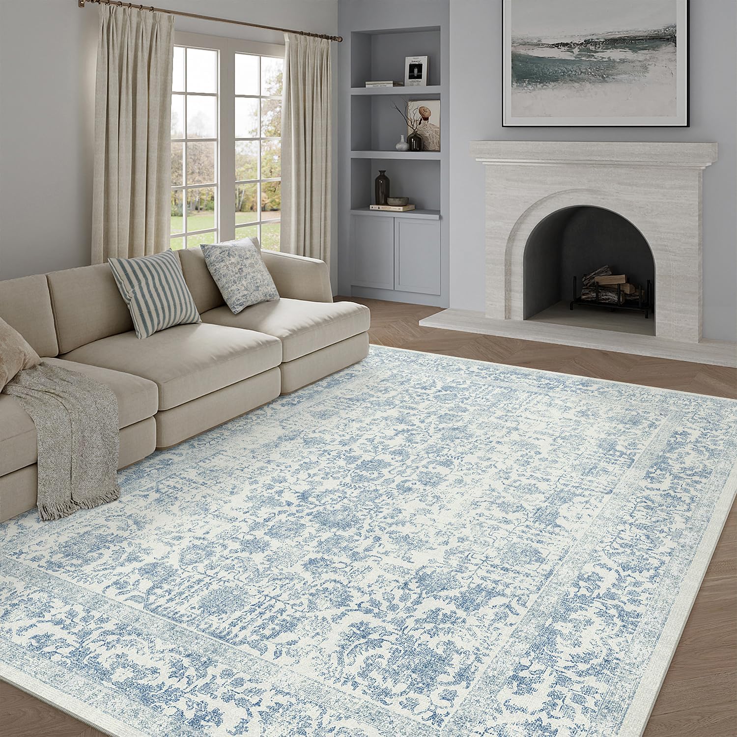 Thumbnail 3 de HUGEAR Vintage Blue Low Pile Area Rug (240x300cm) – washable non-slip living room carpet