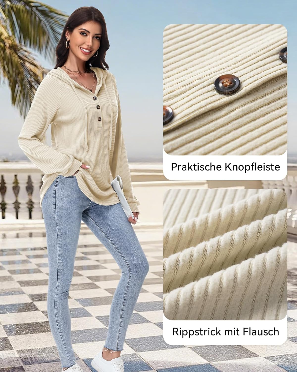 Detalle de Tanmolo Damen Hoodie V-Ausschnitt Kapuzenpullover mit Knopfleiste – leichter Strickpullover